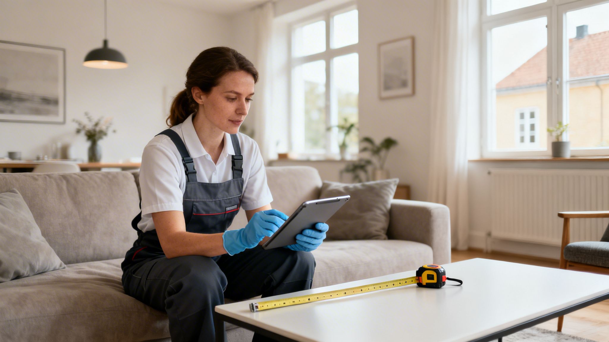 En kvinde i arbejdstøj og blå handsker sidder på en sofa og bruger en tablet. Et målebånd ligger på bordet foran hende.