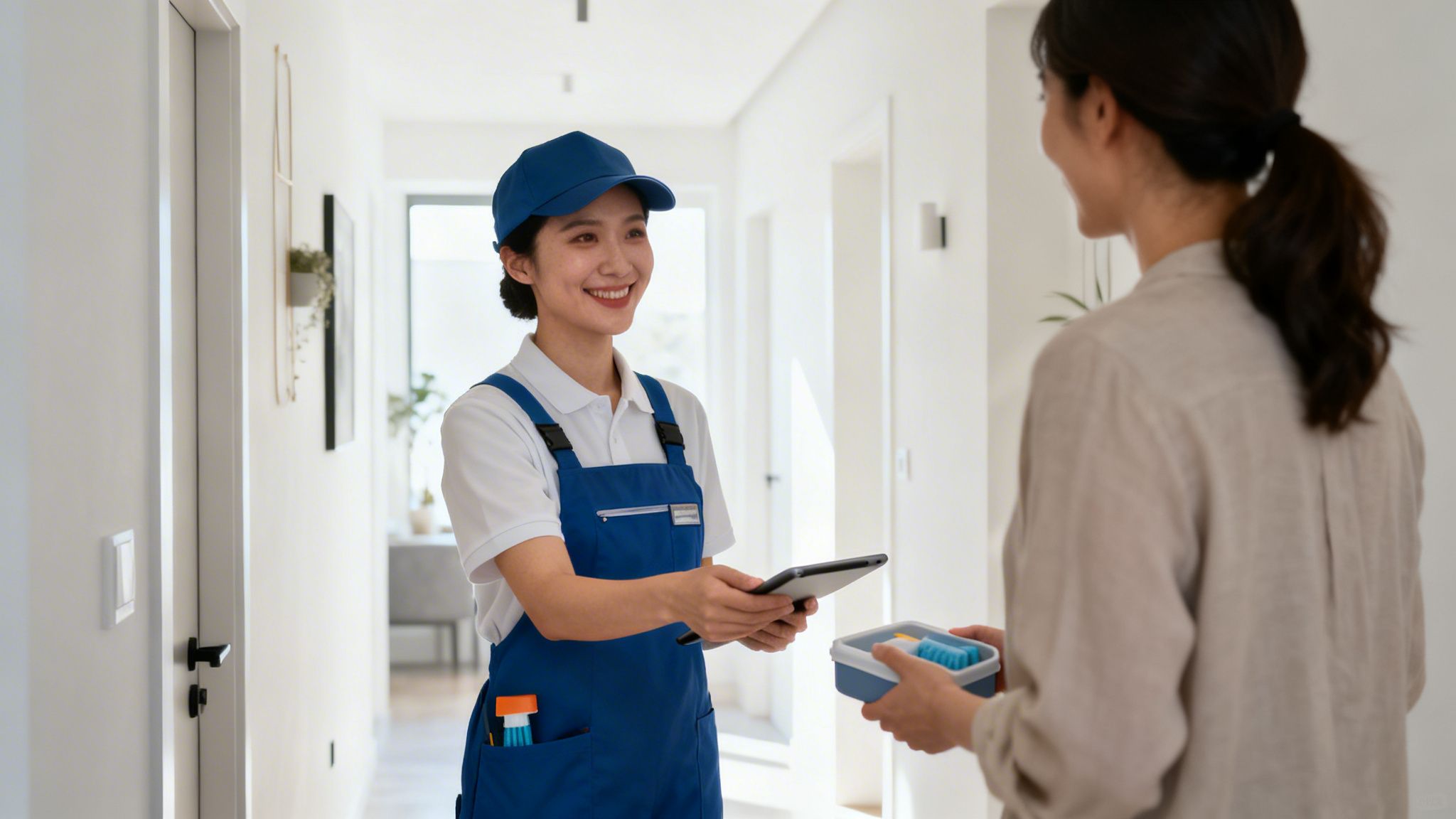 En glad rengøringsmedarbejder i blå uniform afleverer en tablet til en kunde i en lys gang.