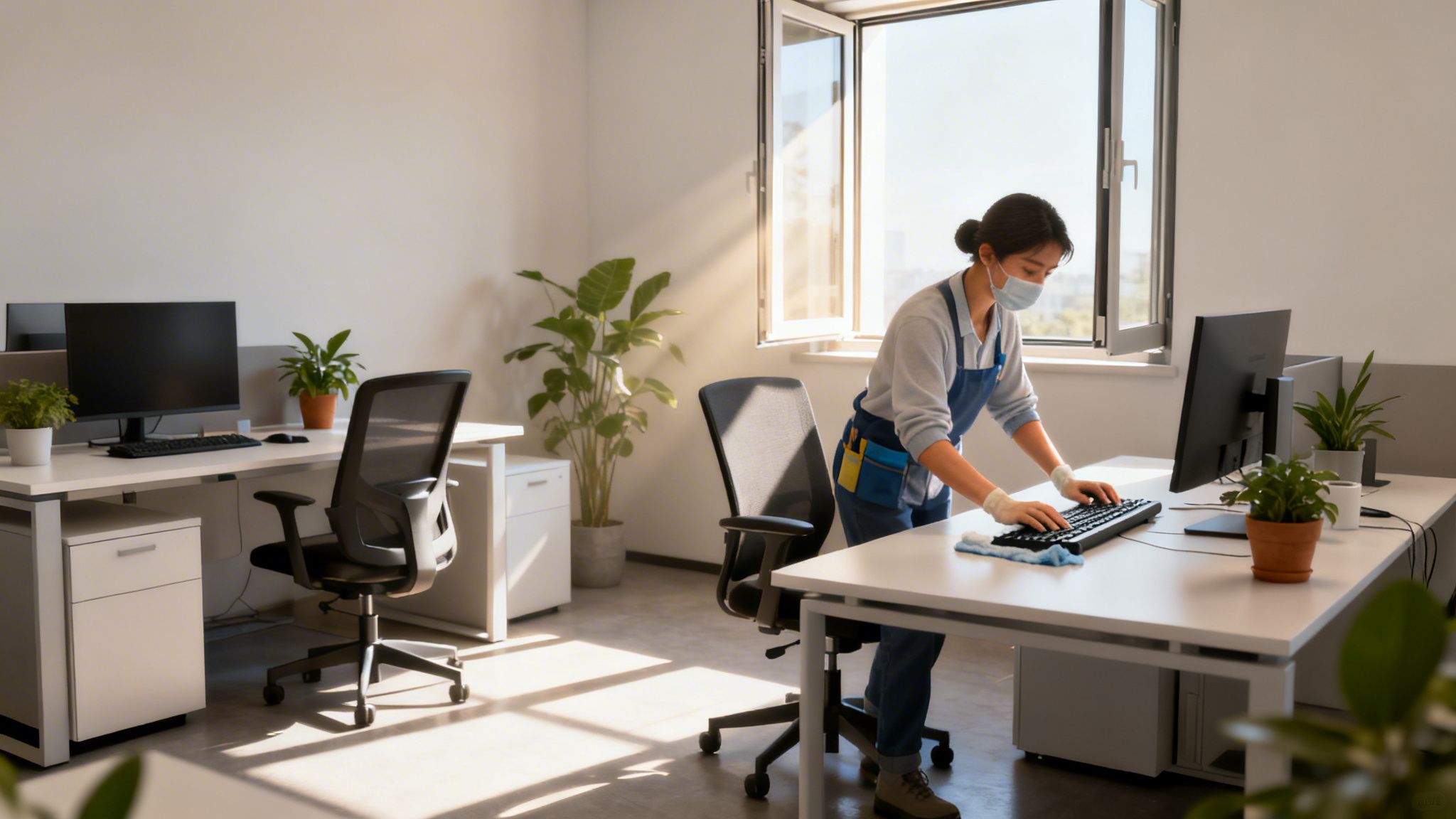 Rengøringspersonale desinficerer et tastatur i et lyst kontor med planter og vinduer.