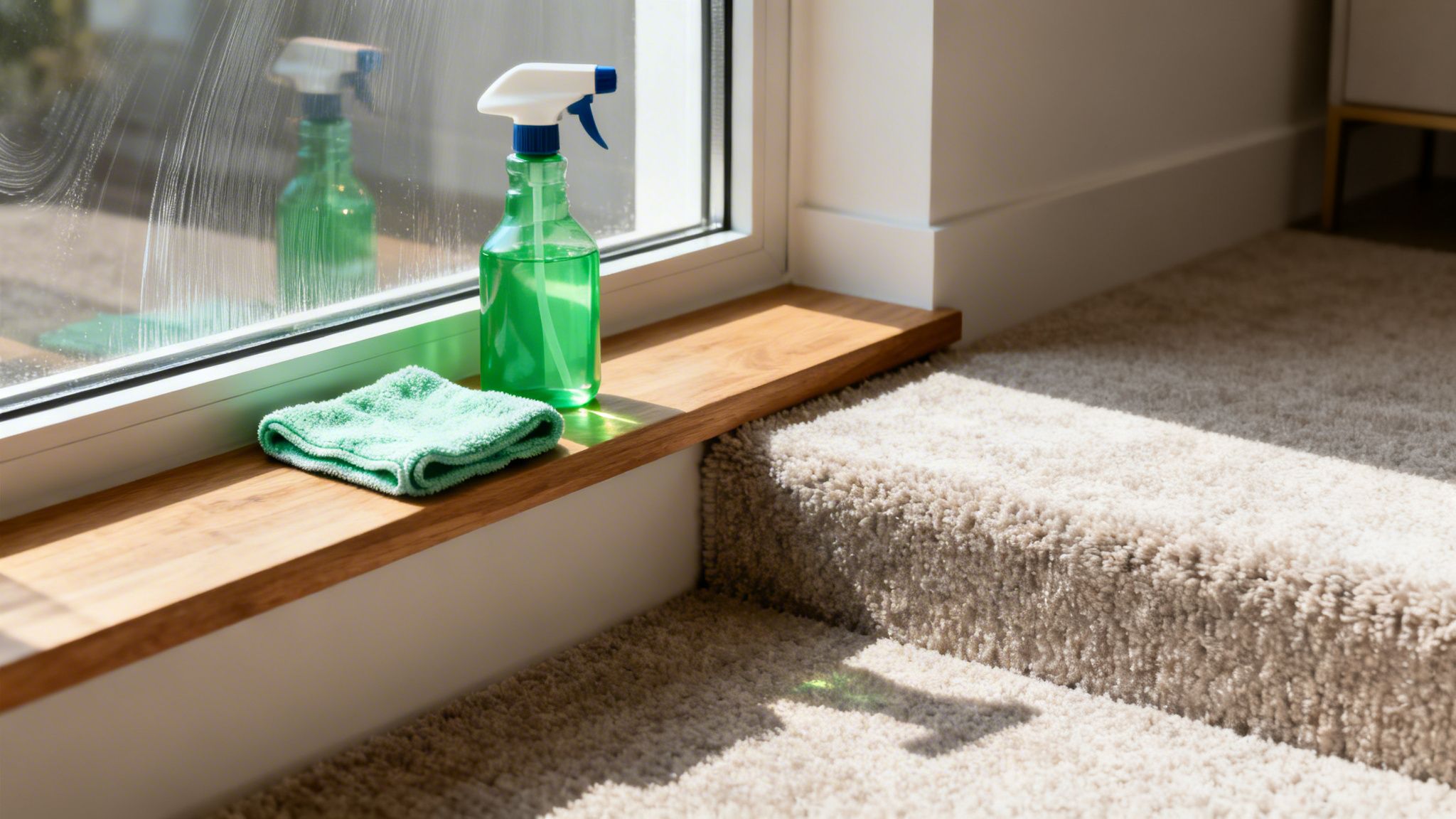En grøn sprayflaske og klud på en vindueskarm med et vindue, der bliver vasket, og tæppebelagte trapper i sollys.