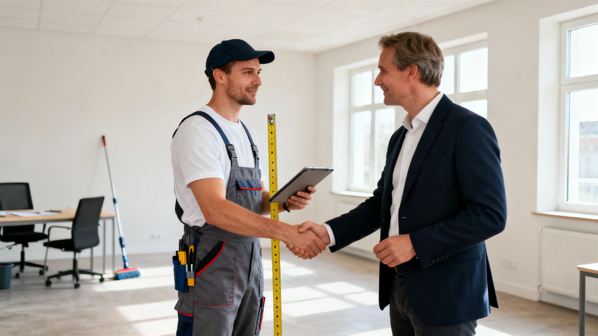 To mænd giver hånd i et lyst kontorlokale, en servicearbejder og en forretningsmand, under en aftale.