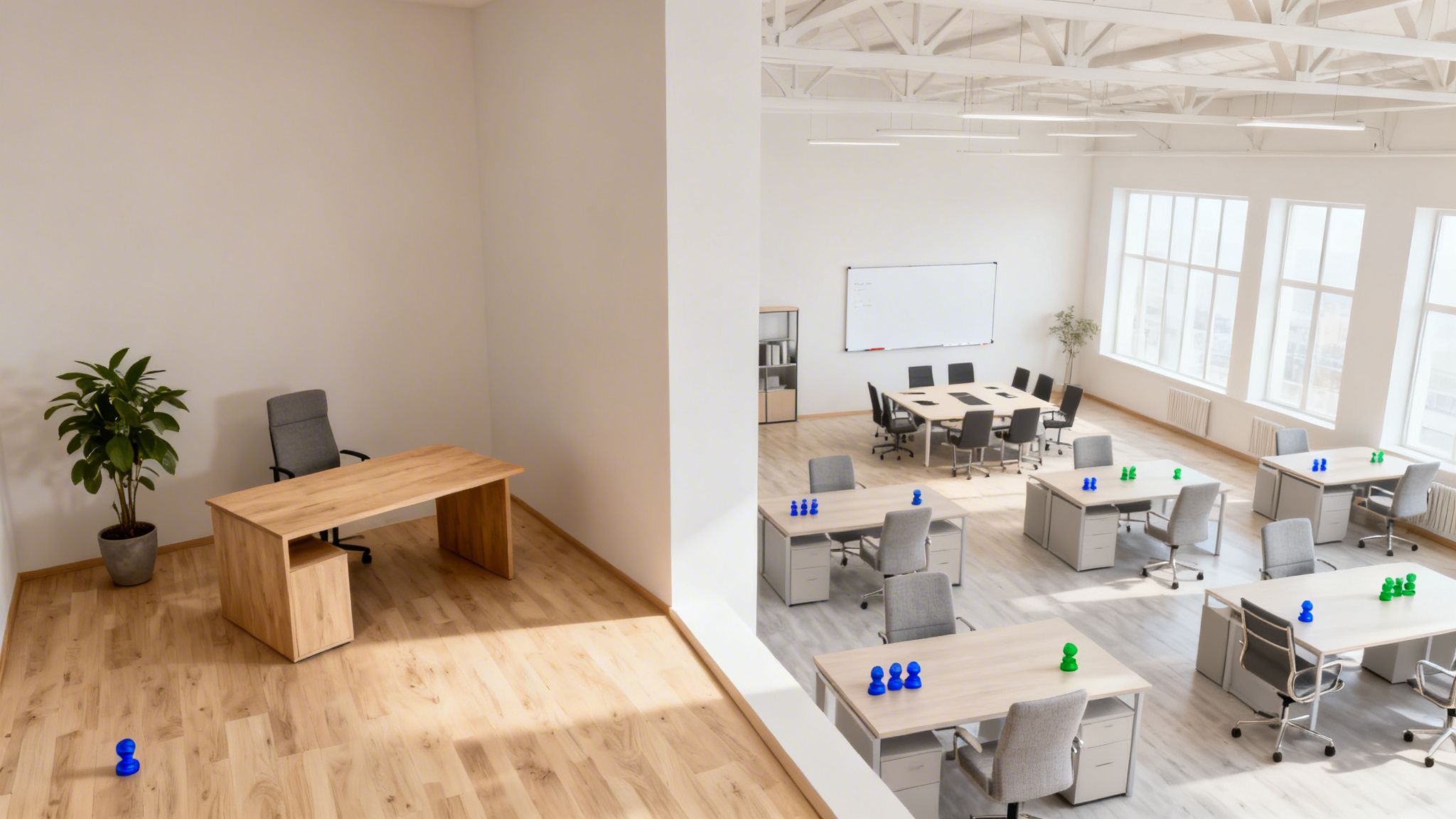 Billede af to kontorområder: et lille privat kontor og et stort åbent kontorlandskab med borde og stole.