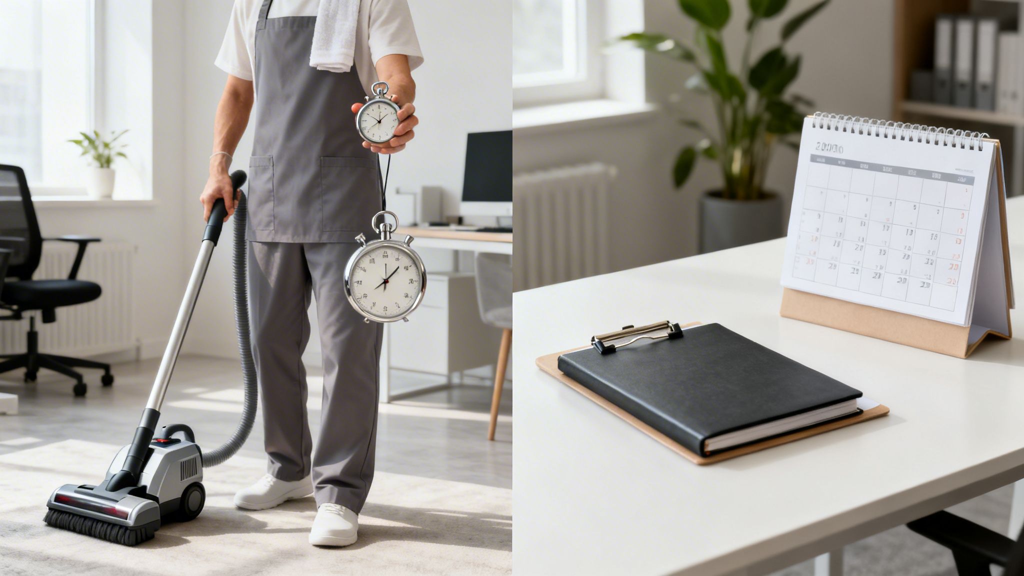 En person rengører et kontor med støvsuger, holder stopure. En kalender og udklipsmappe ligger på et bord.