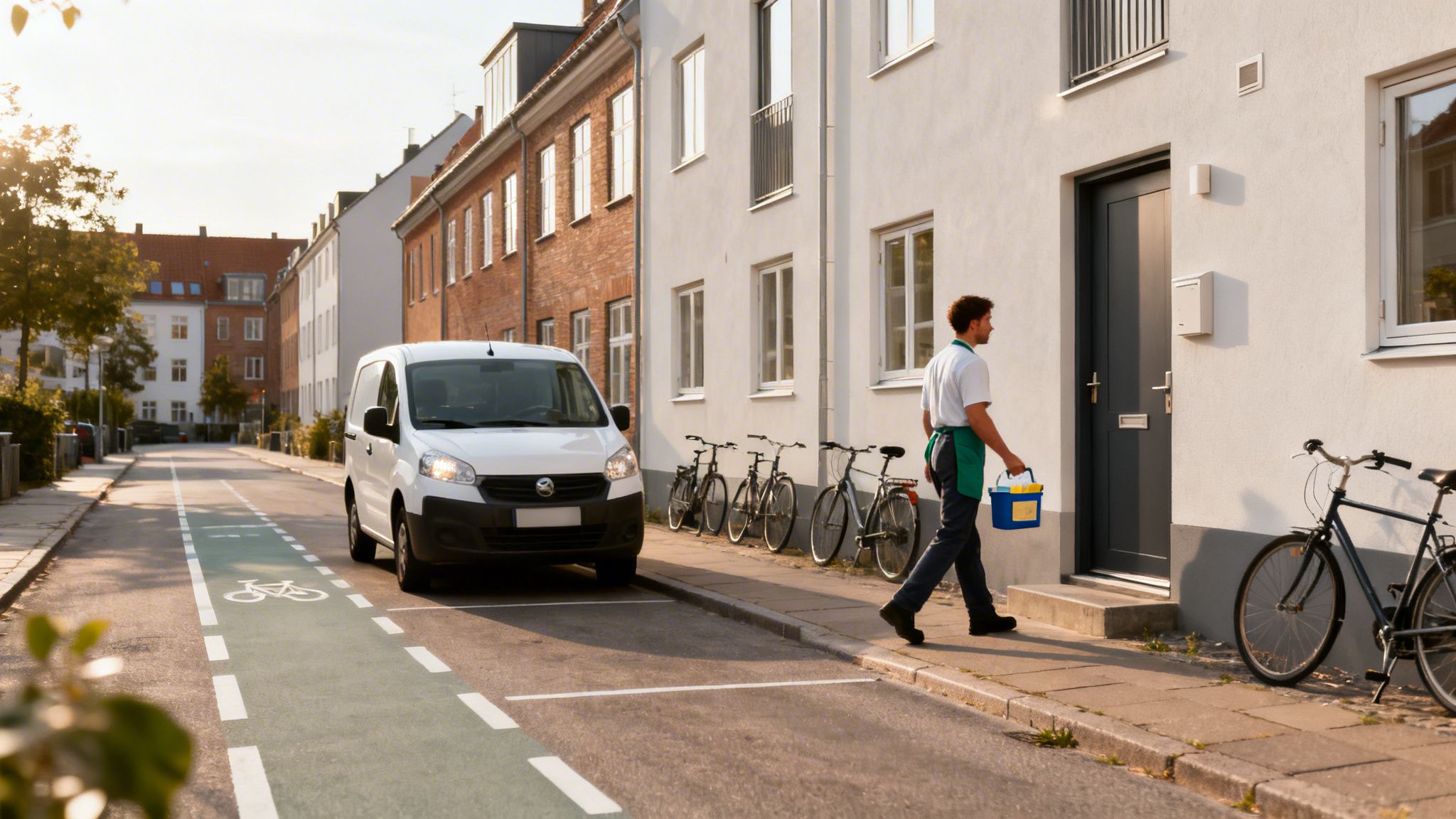 En rengøringsmedarbejder med spand går mod en husdør. En hvid varevogn og cykler ses på en beboelsesgade.