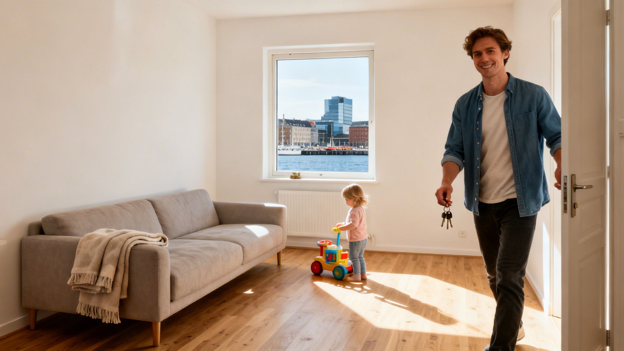 Glad mand med nøgler træder ind i et lyst rum med et barn og sofa.