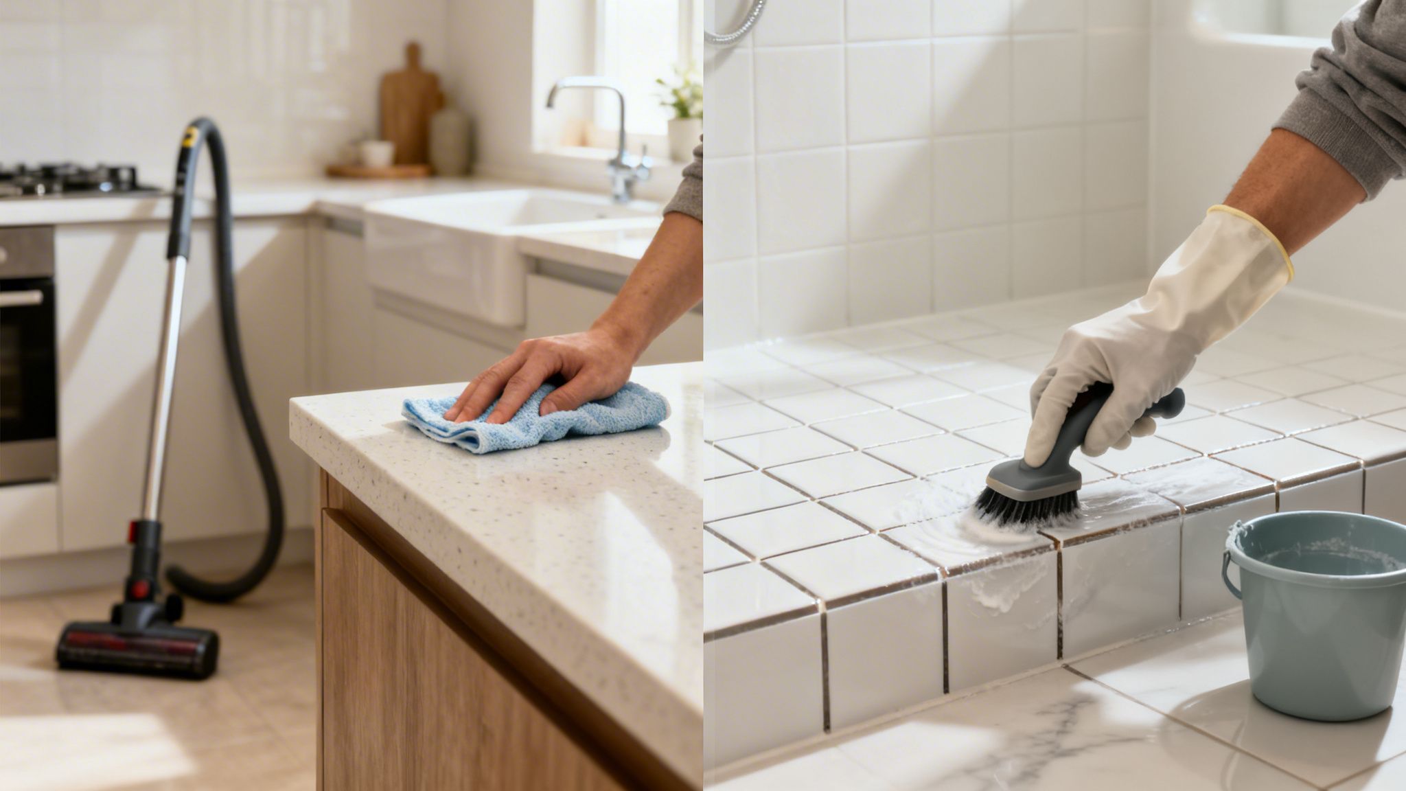 En person rengør et køkkenbord med en klud, og en anden skrubber badeværelsesfliser med børste og sæbe.