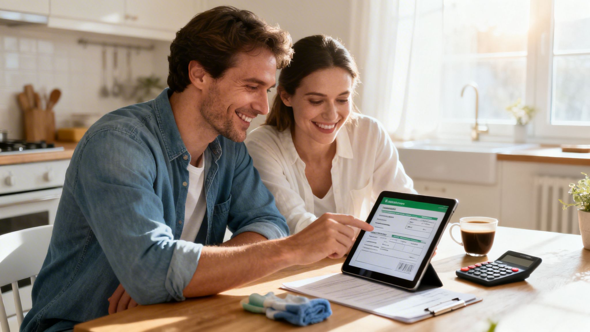 Et glad par sidder i køkkenet og gennemgår økonomi på en tablet, med en lommeregner på bordet.