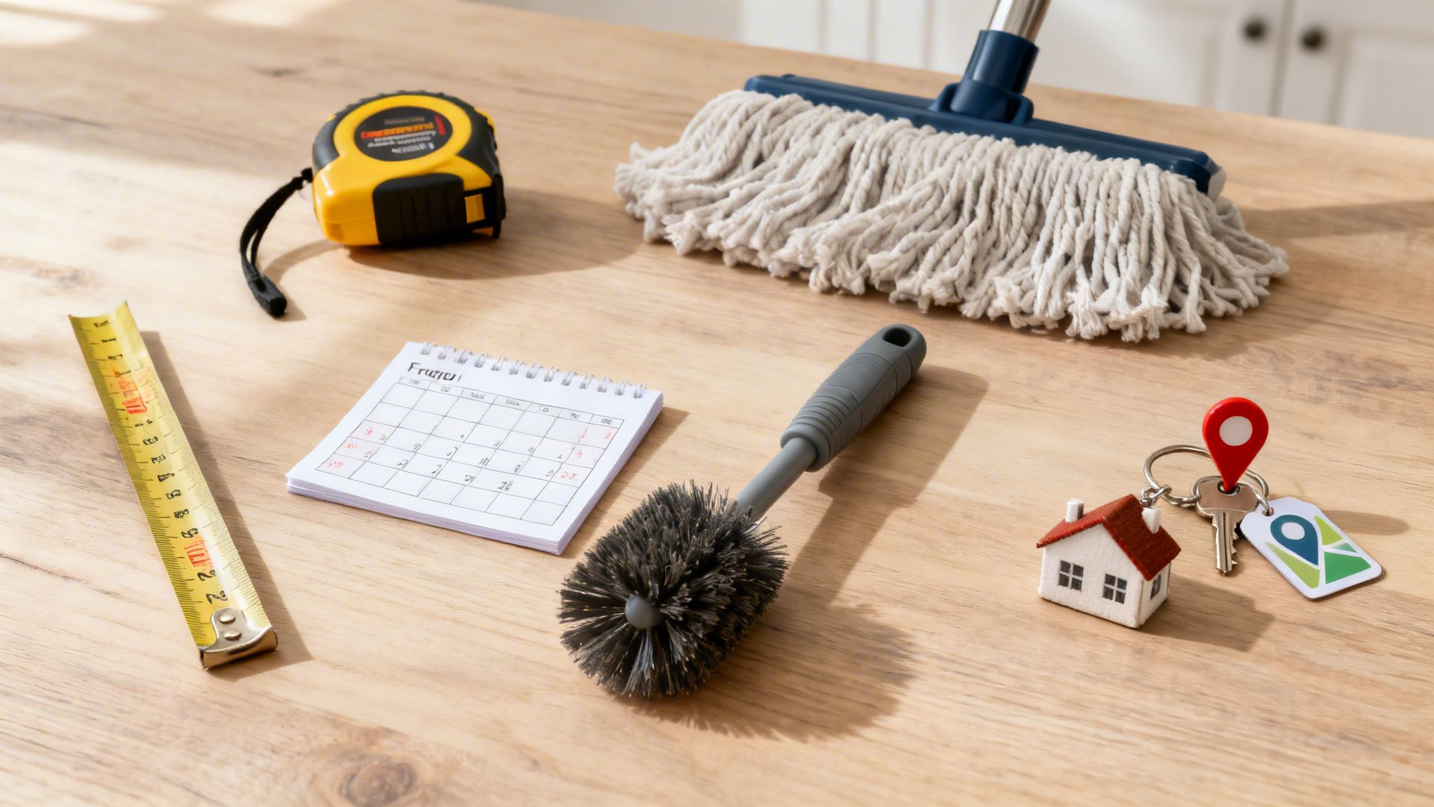 Rengøringsartikler, målebånd og husnøgler på et træbord, klar til hjemmepleje og flytning.