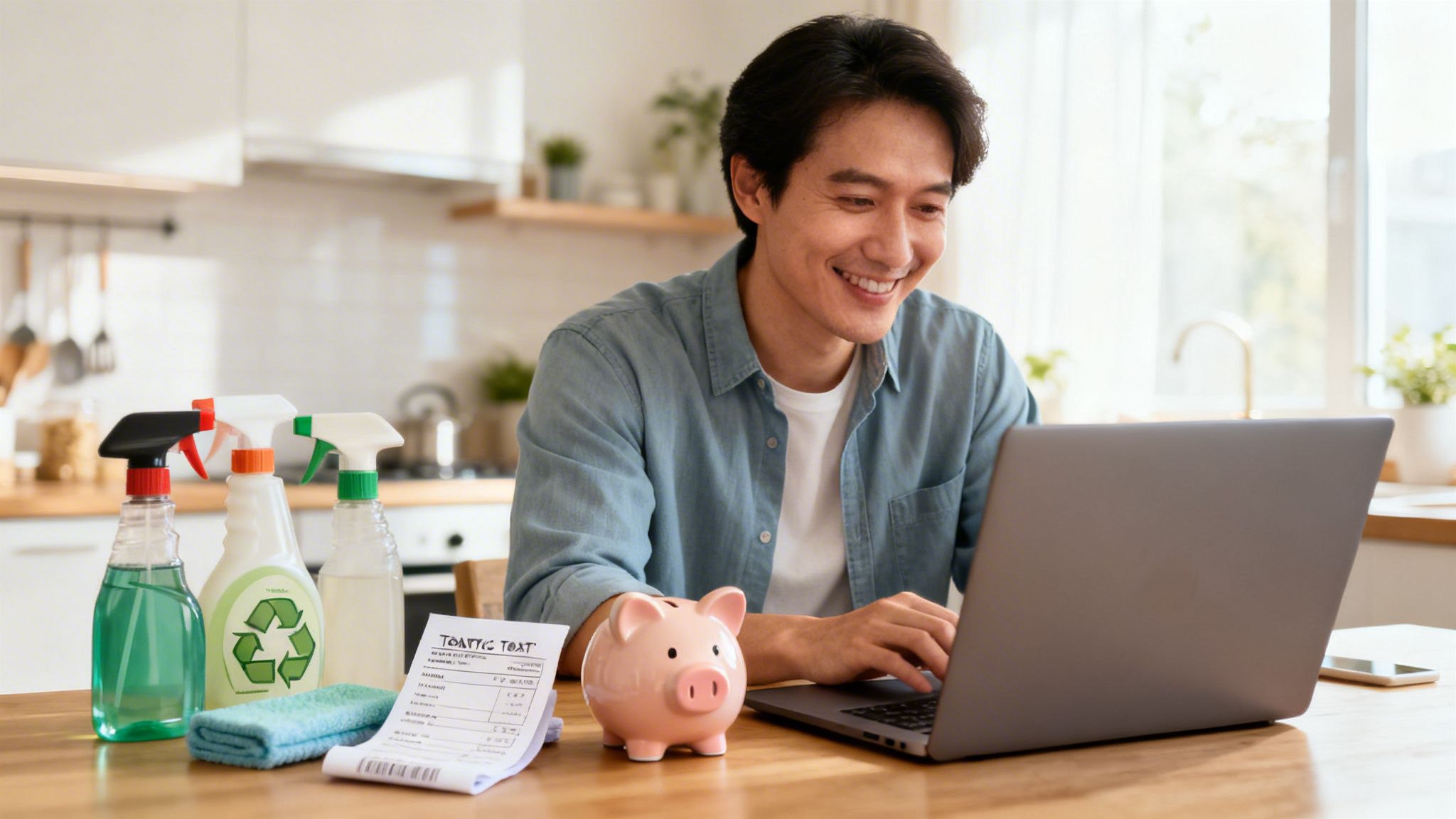 En smilende mand tjekker rengøringsomkostninger på sin computer med rengøringsmidler og sparegris.