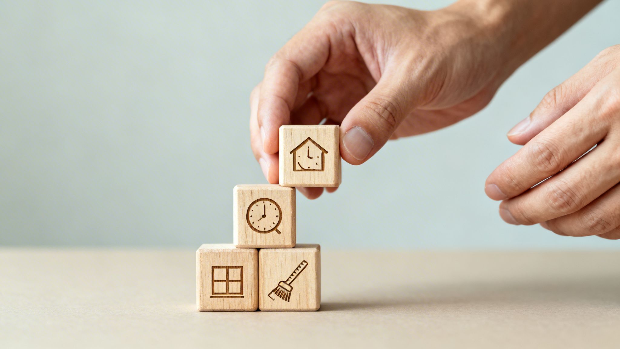Hånd stabler træklodser med ikoner for hjem, tid og rengøring på en lysegrå baggrund.