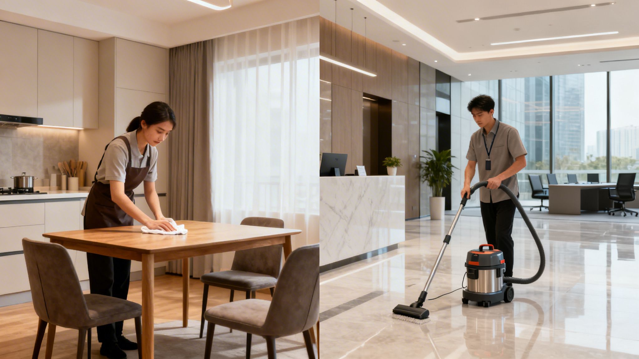 To rengøringsassistenter, en kvinde der tørrer et bord af, og en mand der støvsuger et moderne kontorområde.