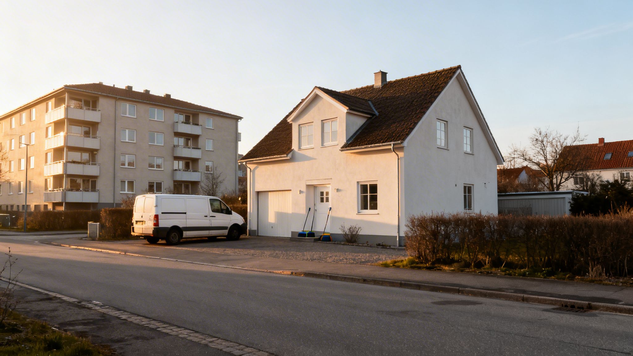 Hvidt hus og lejlighedsbygning med en hvid varevogn parkeret foran i eftermiddagssol.