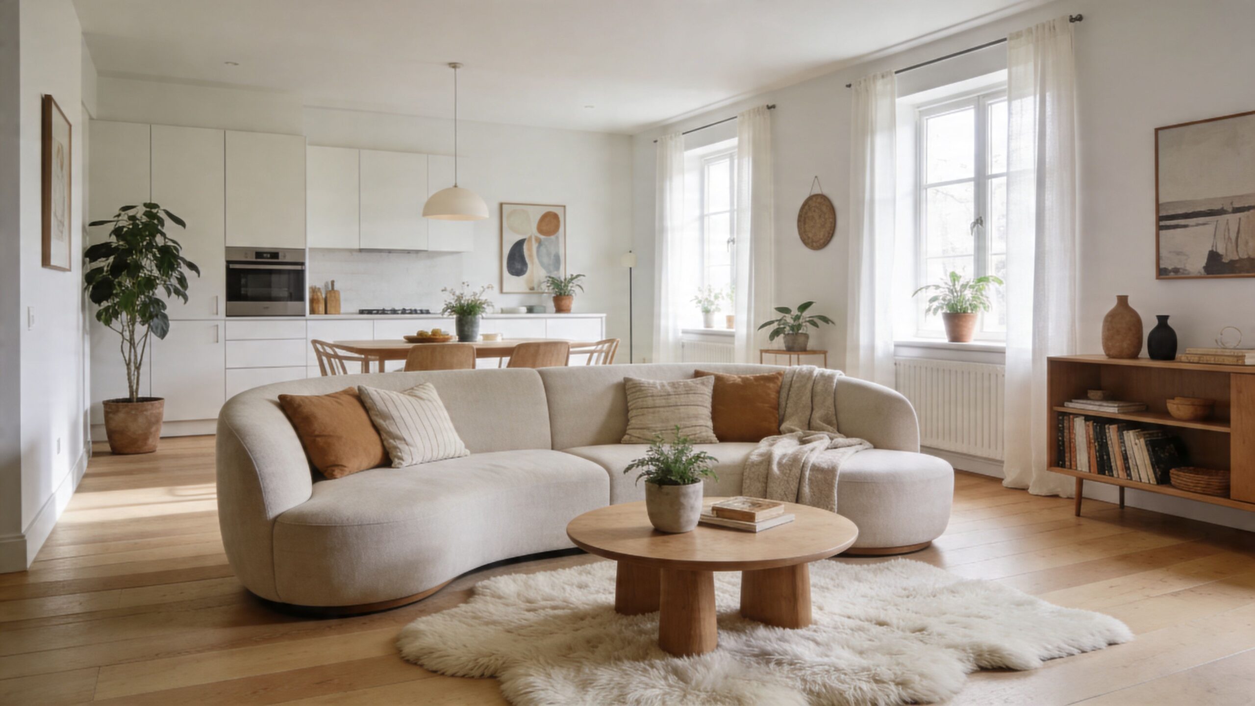 En lys og moderne stue med en buet beige sofa, træbord og køkken i åben forbindelse