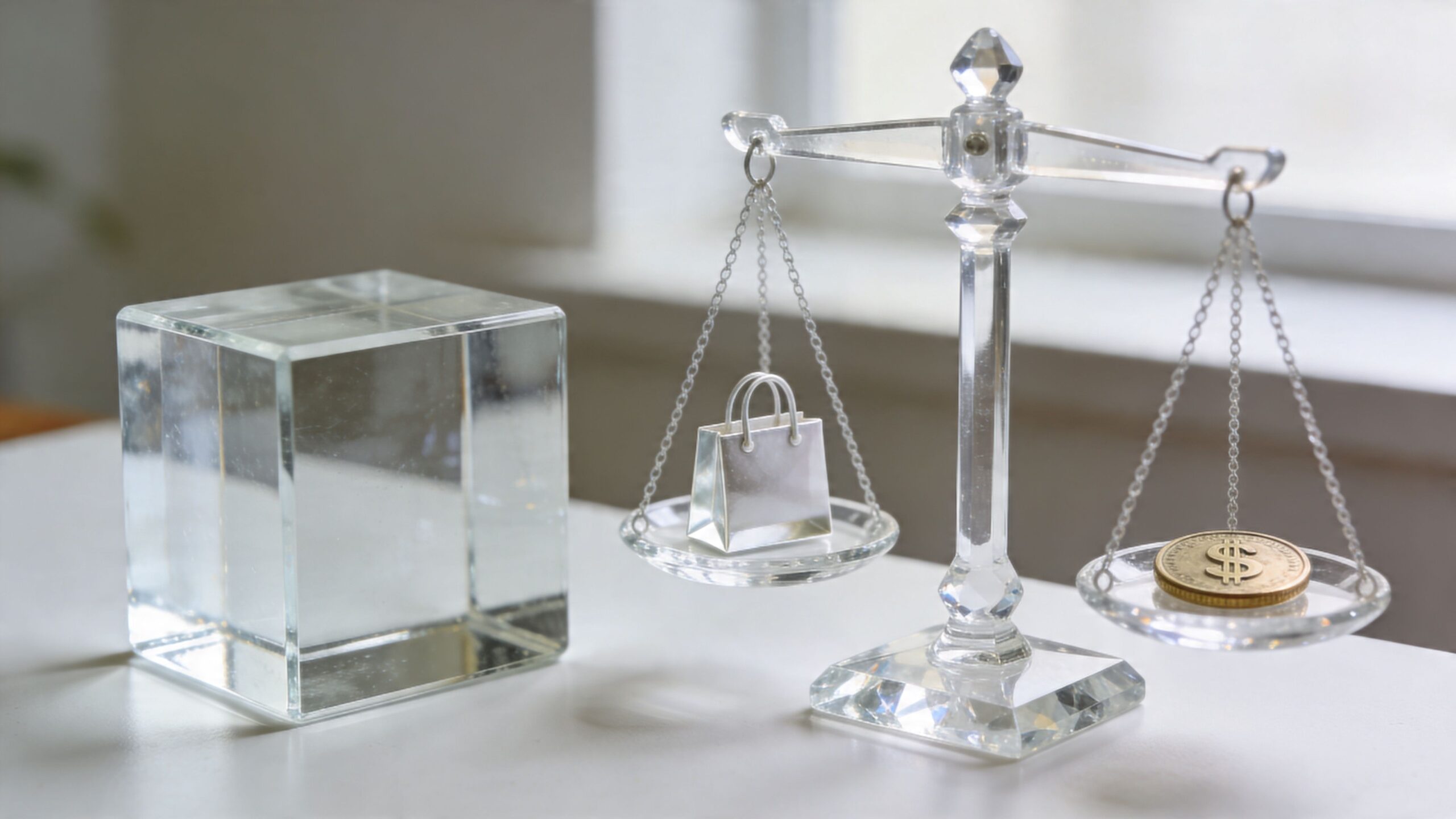 En vægt i glas balancerer en indkøbspose og en guldmønt på et hvidt bord.
