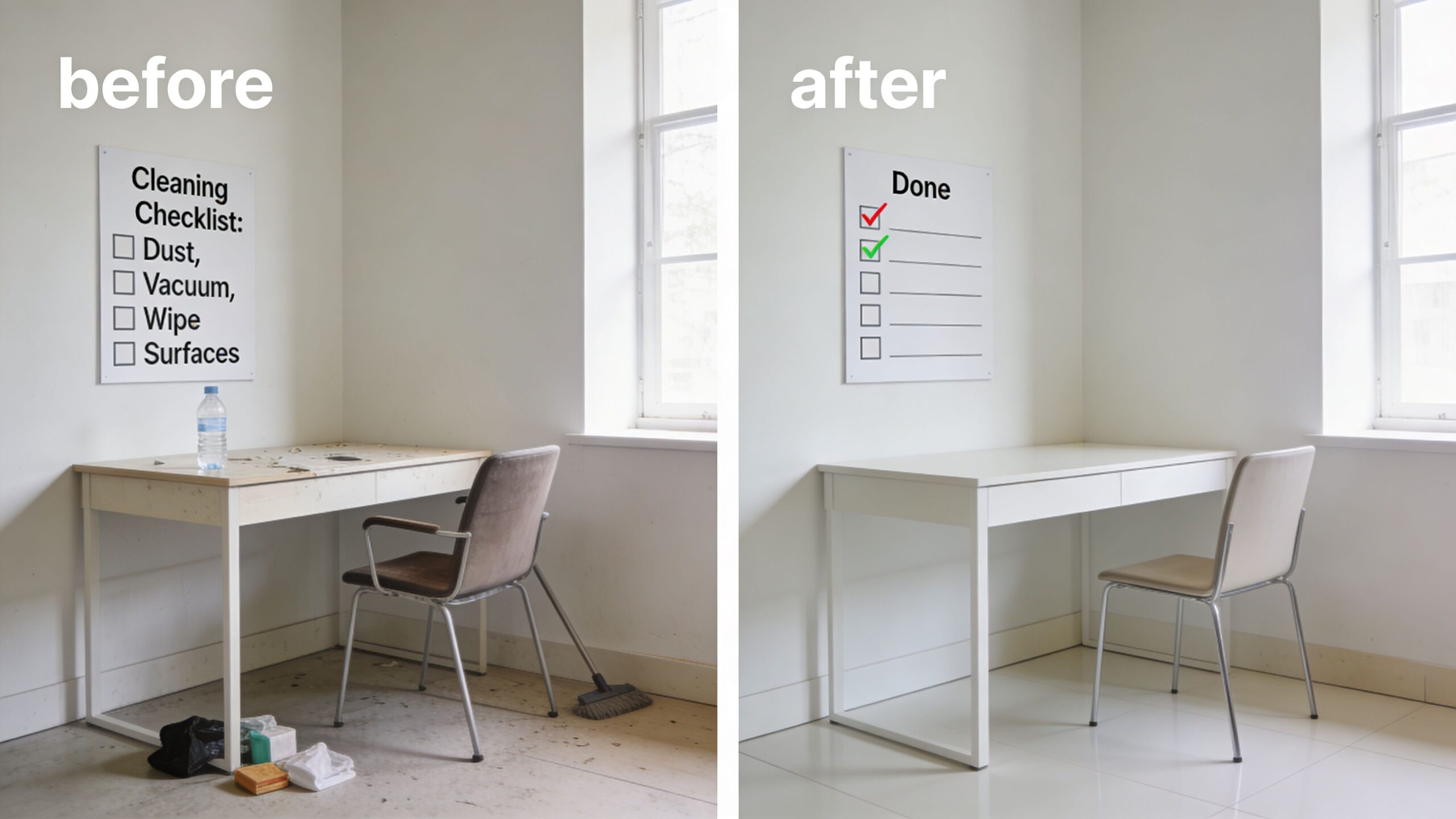Før og efter billede der viser en beskidt arbejdsstation sammenlignet med et rent og ryddeligt skrivebord på Fyn.