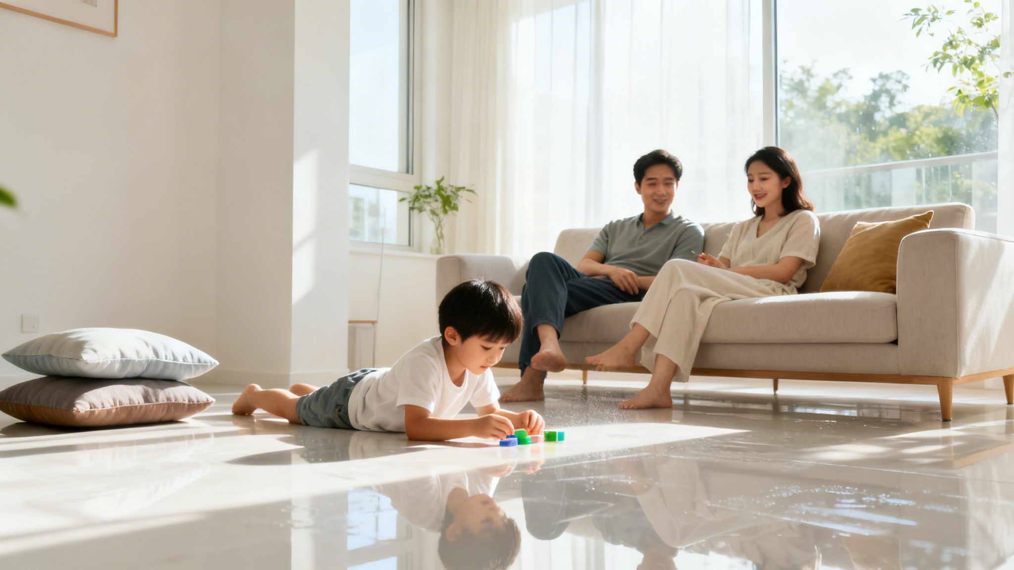 En asiatisk familie slapper af i deres lyse stue, med barnet legende på gulvet og forældrene i sofaen.
