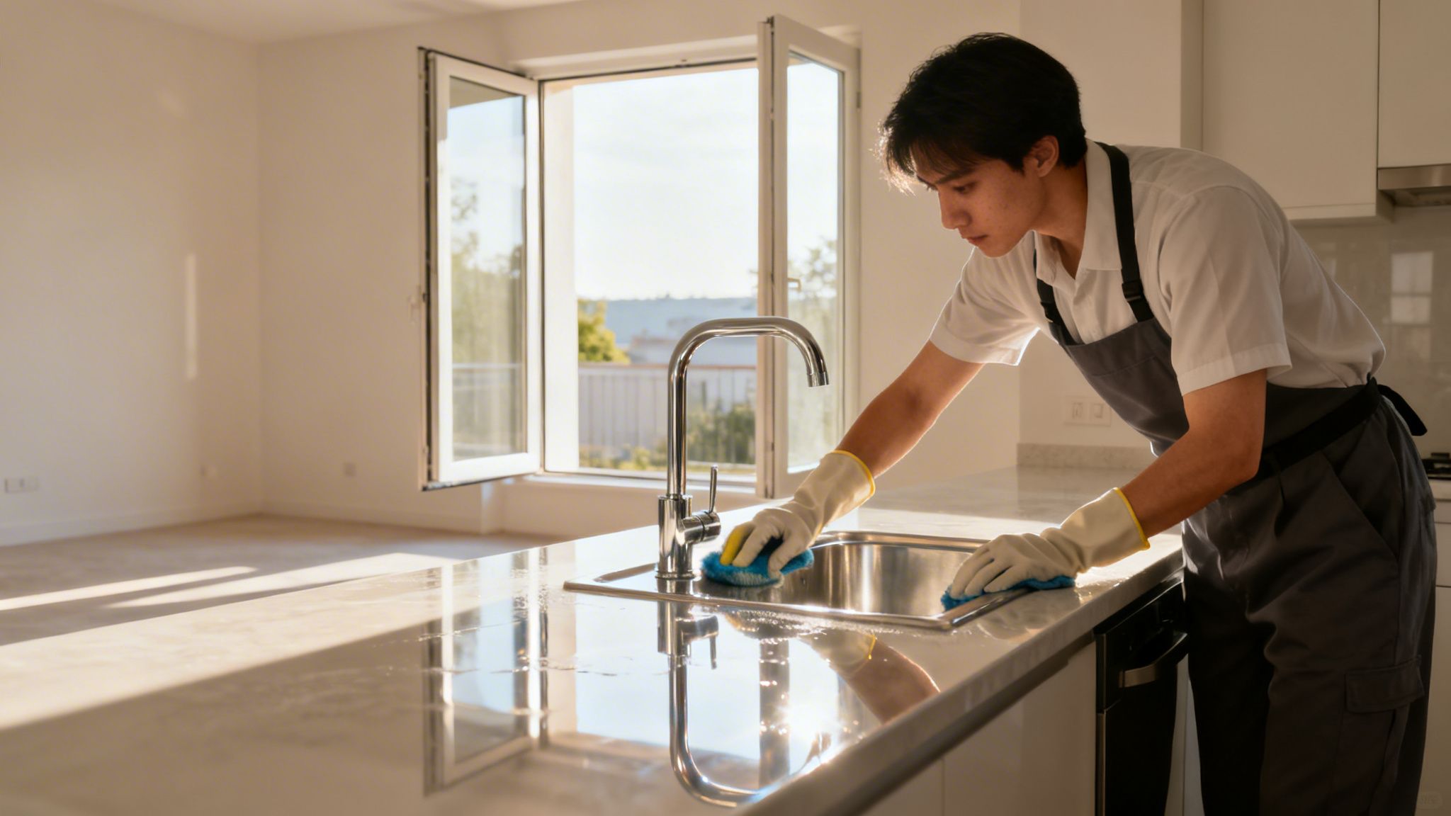 En ung mand i forklæde og handsker rengør en køkkenvask og bordplade i et lyst køkken.