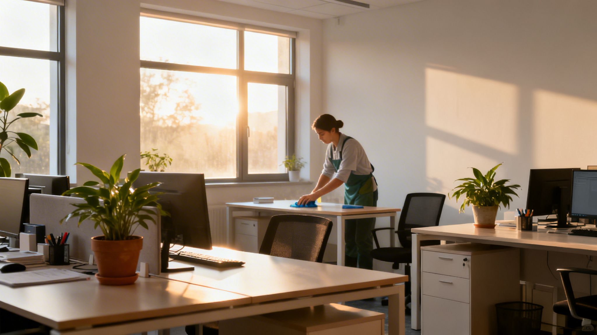 En rengøringsassistent tørrer et skrivebord af i et lyst kontor med arbejdsstationer og planter.