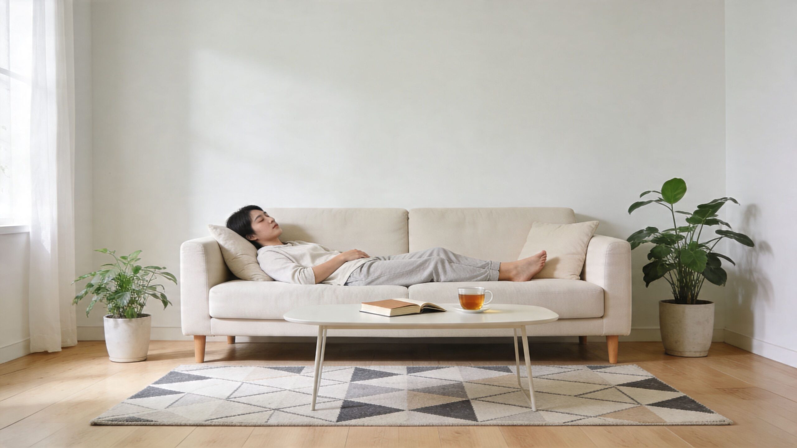 En kvinde hviler sig på en beige sofa i en lys stue med planter og et sofabord.