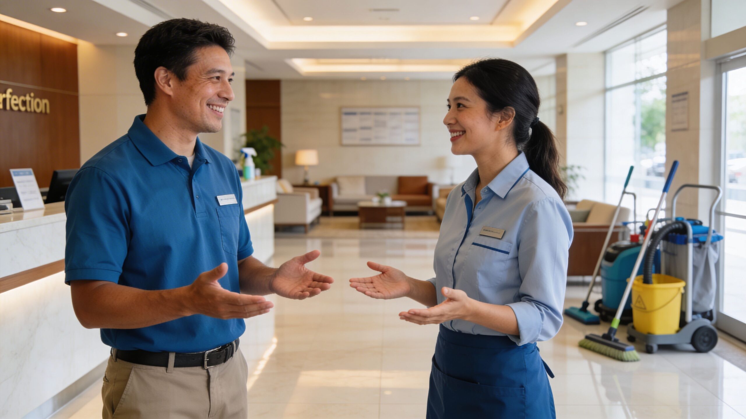 Smilende rengøringsmedarbejdere i uniform taler sammen i en moderne lobby på et kontor eller hotel.