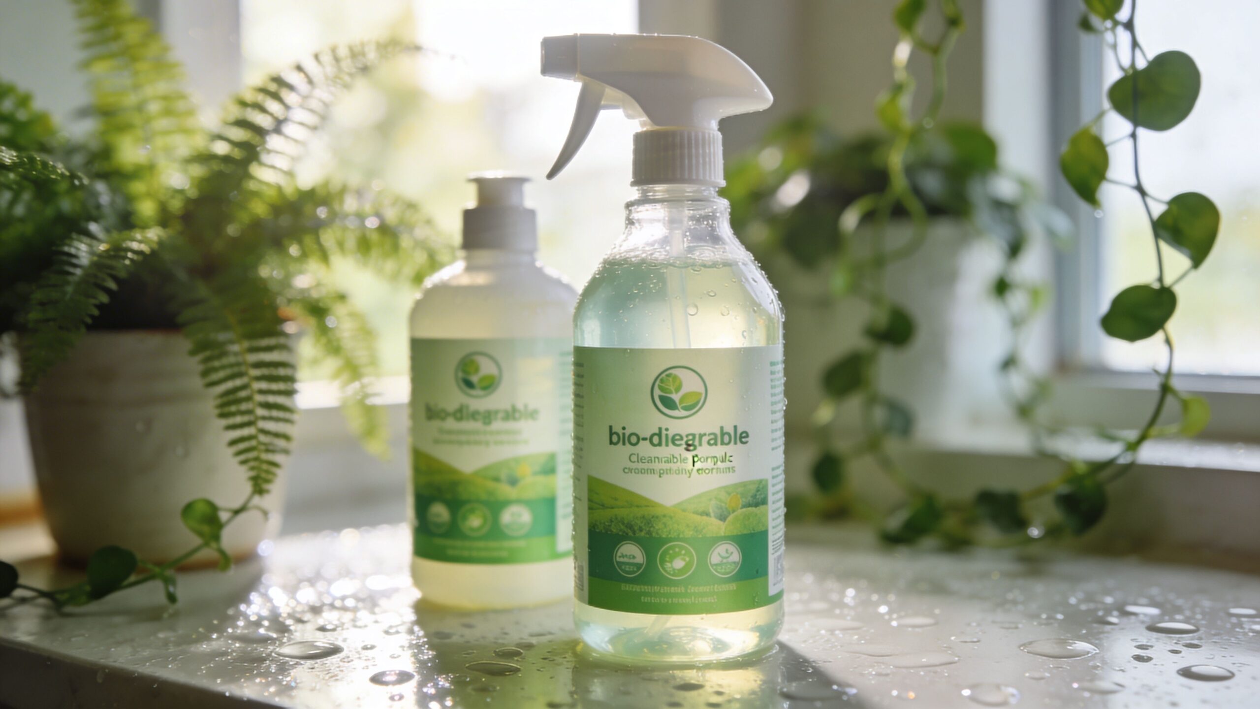 Miljøvenlige rengøringsmidler i gennemsigtige flasker placeret på en våd vindueskarm ved siden af grønne planter.