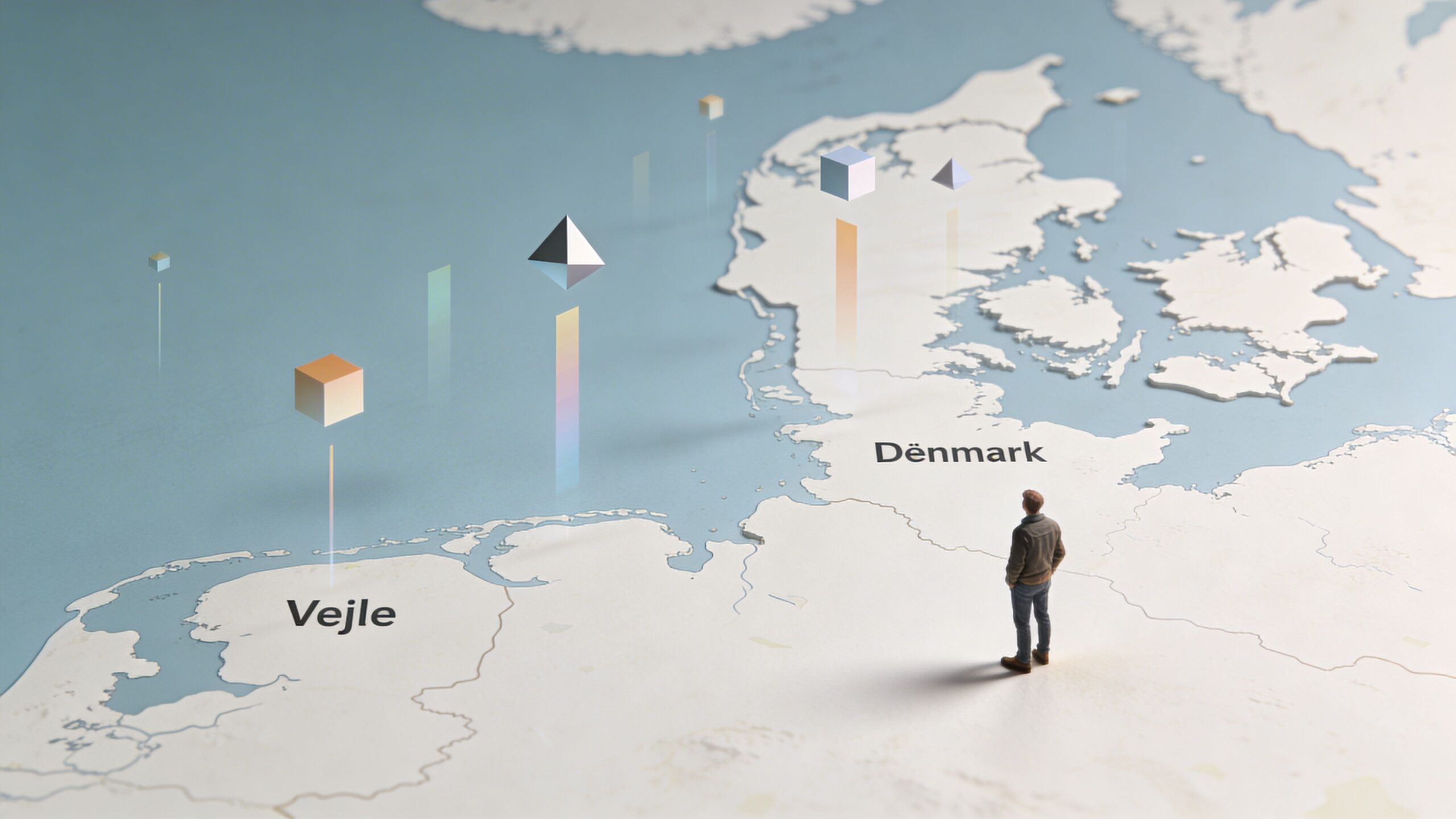 En person ser på et kort over Danmark og Vejle med svævende geometriske figurer i 3D-stil.
