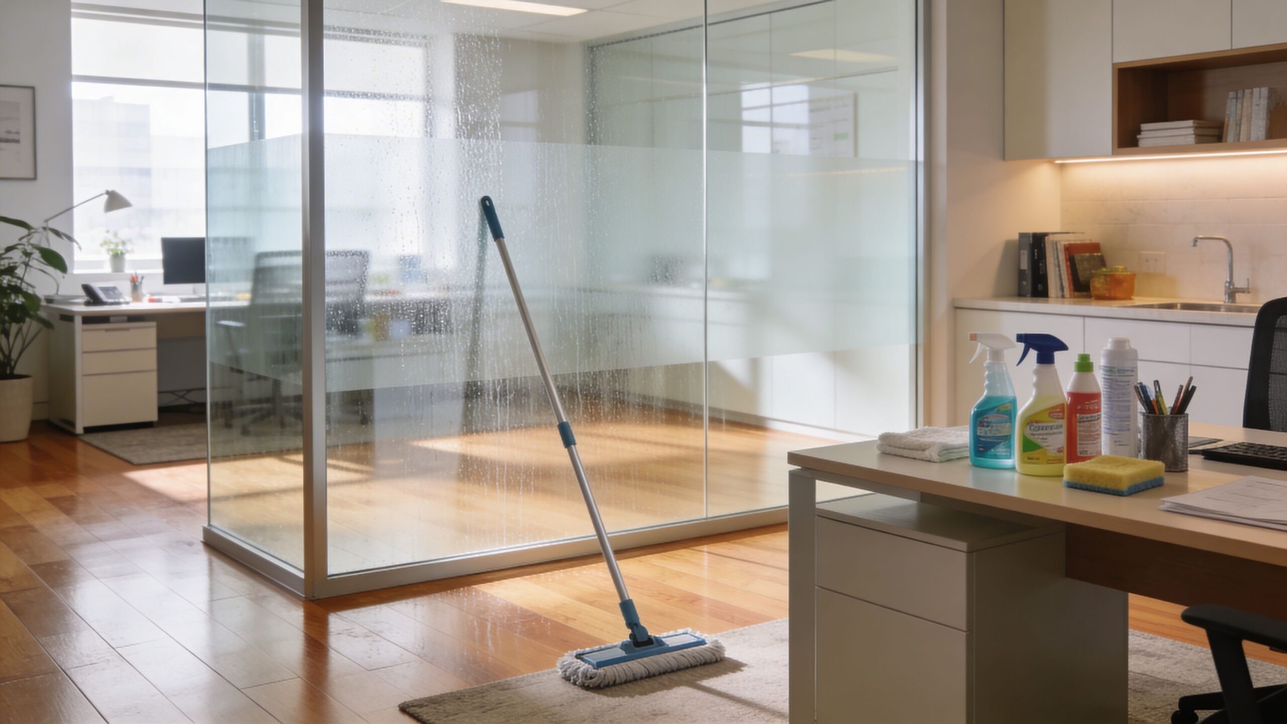 Et rengøringsredskab og diverse rengøringsmidler placeret på et kontor klar til professionel kontorrengøring med fokus på hygiejne.