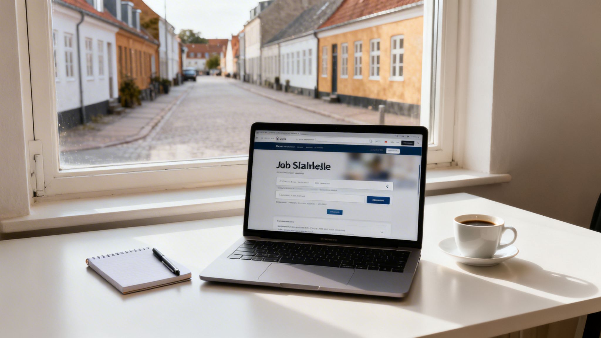 Laptop på bord med kaffe og notesbog, viser 'Job Slagelse' hjemmeside, med hyggelig udsigt.