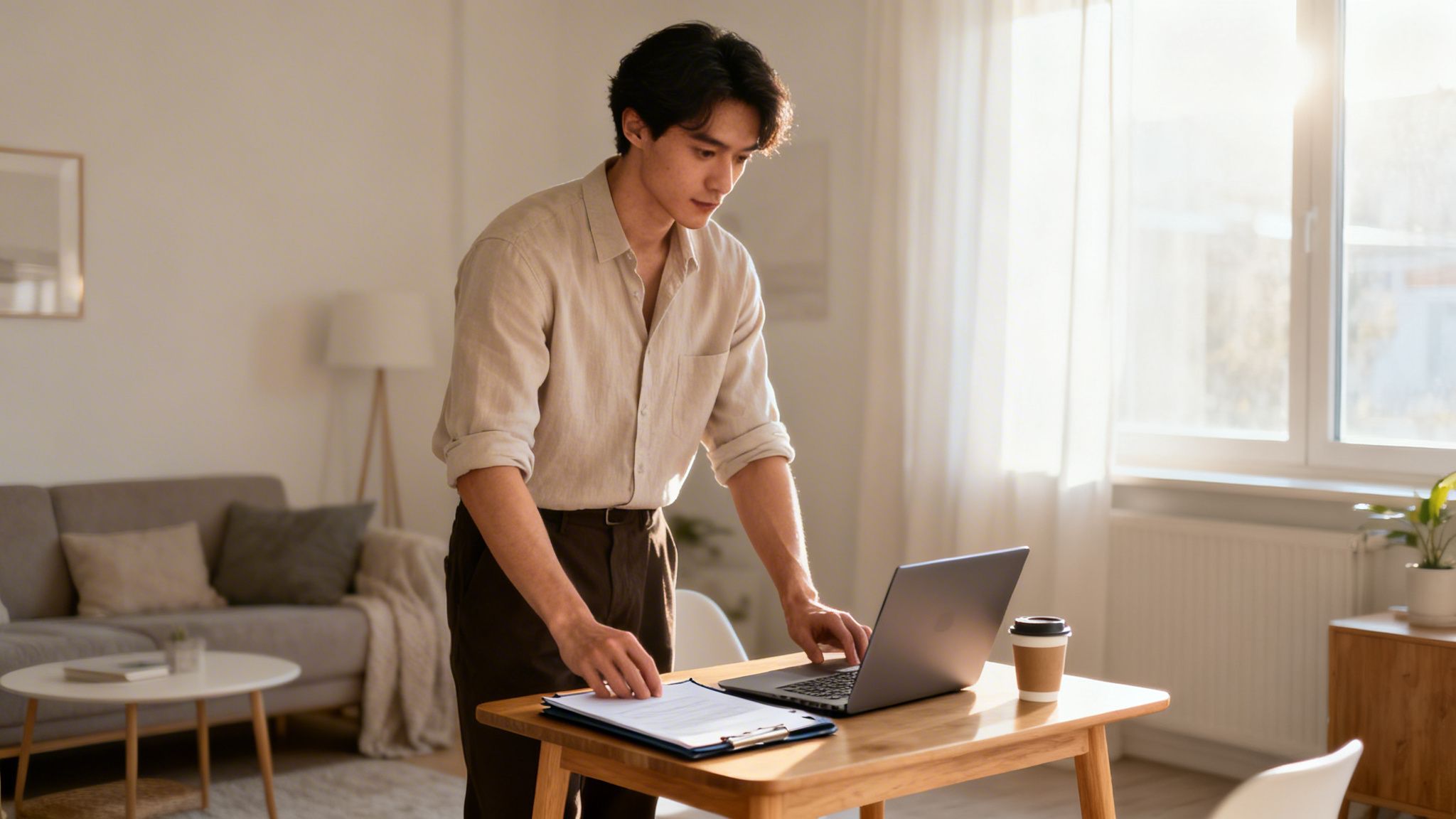 Ung mand står ved et træbord, arbejder på en bærbar computer med dokumenter og kaffe i et lyst hjemmekontor.