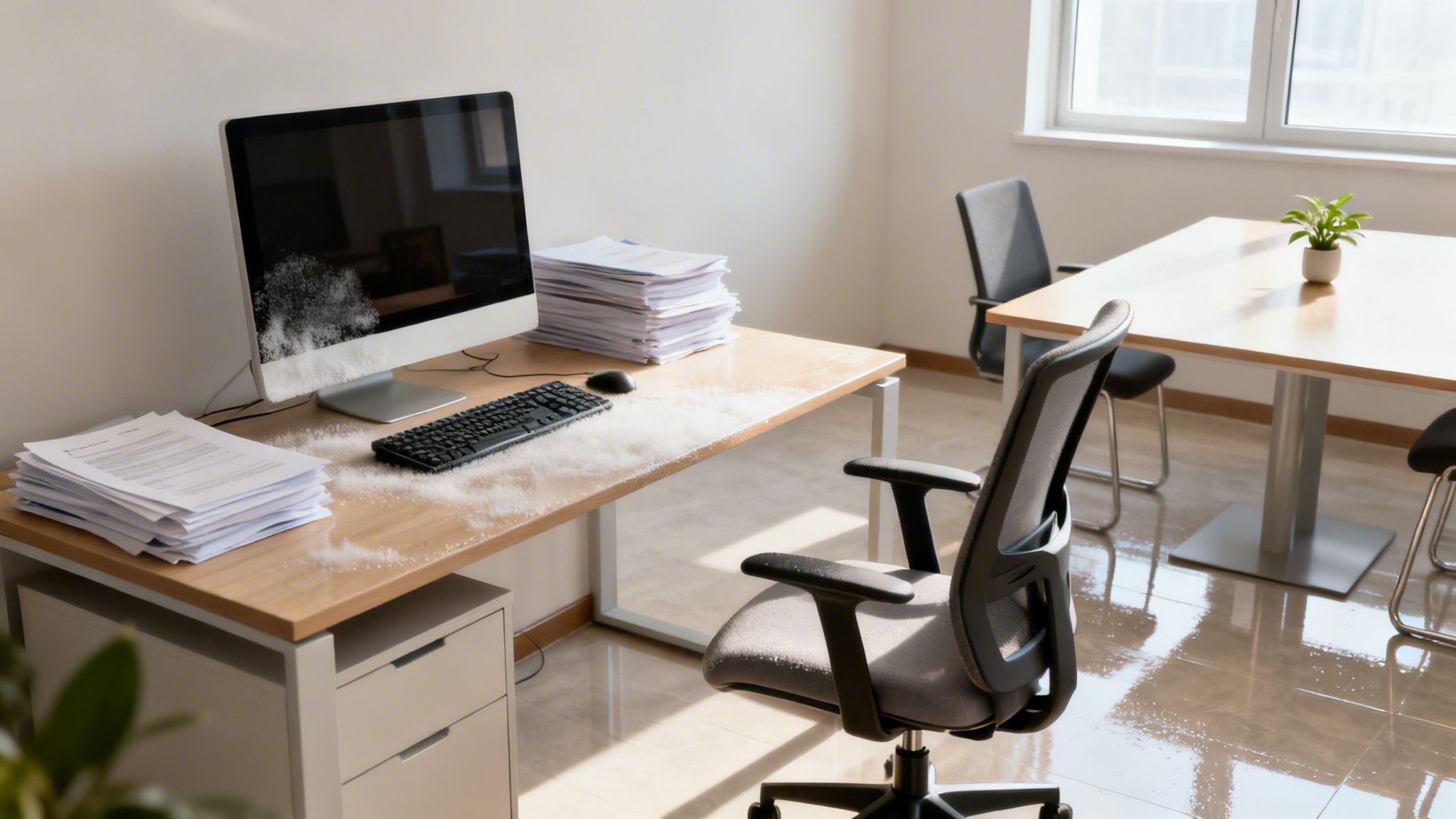Et kontorskrivebord dækket af mystisk sne med en computer, dokumentstakke og en kontorstol i et lyst kontor.