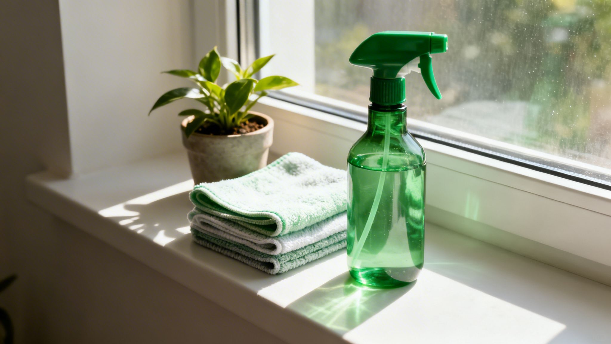 Vindueskarm med stueplante, grønne rengøringsklude og en grøn sprayflaske, klar til rengøring.