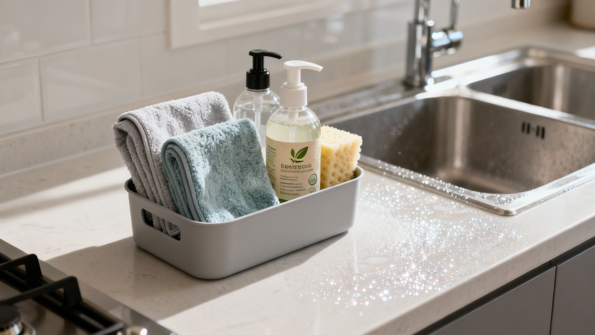 En grå kurv med rengøringsartikler, håndklæder og sæbe ved en køkkenvask med glitrende vanddråber.