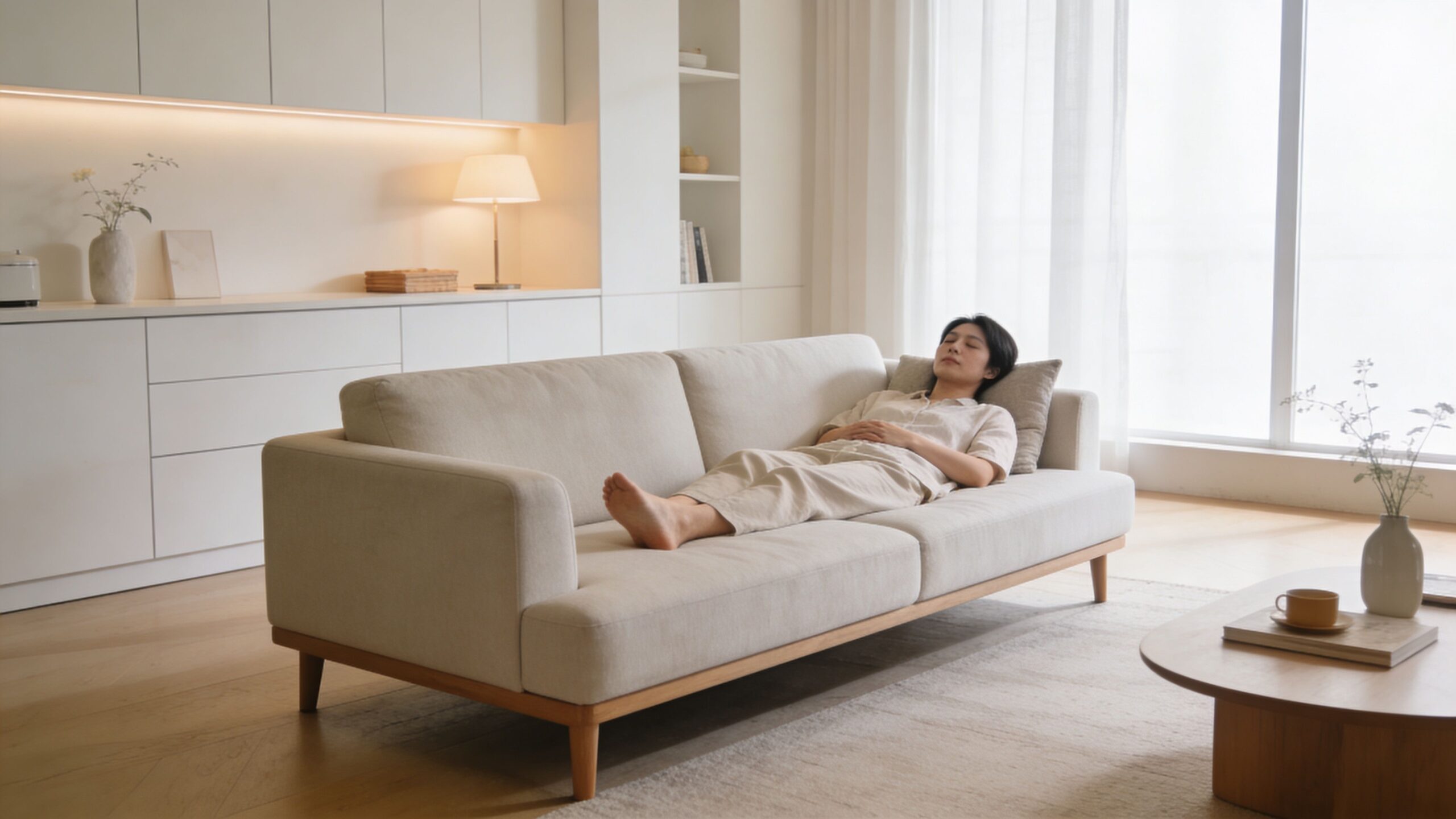 En afslappet kvinde hviler sig på en moderne beige sofa i en lys og minimalistisk stue.