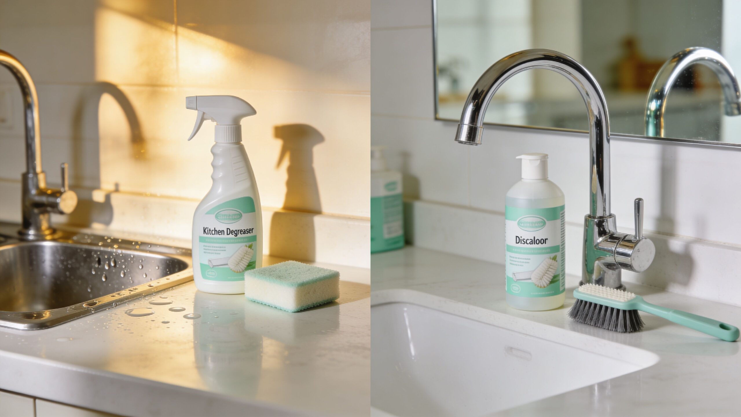 To billeder der viser rengøringsprodukter som spray og afkalker placeret ved køkkenvasken og badeværelsesvasken i et hjem.