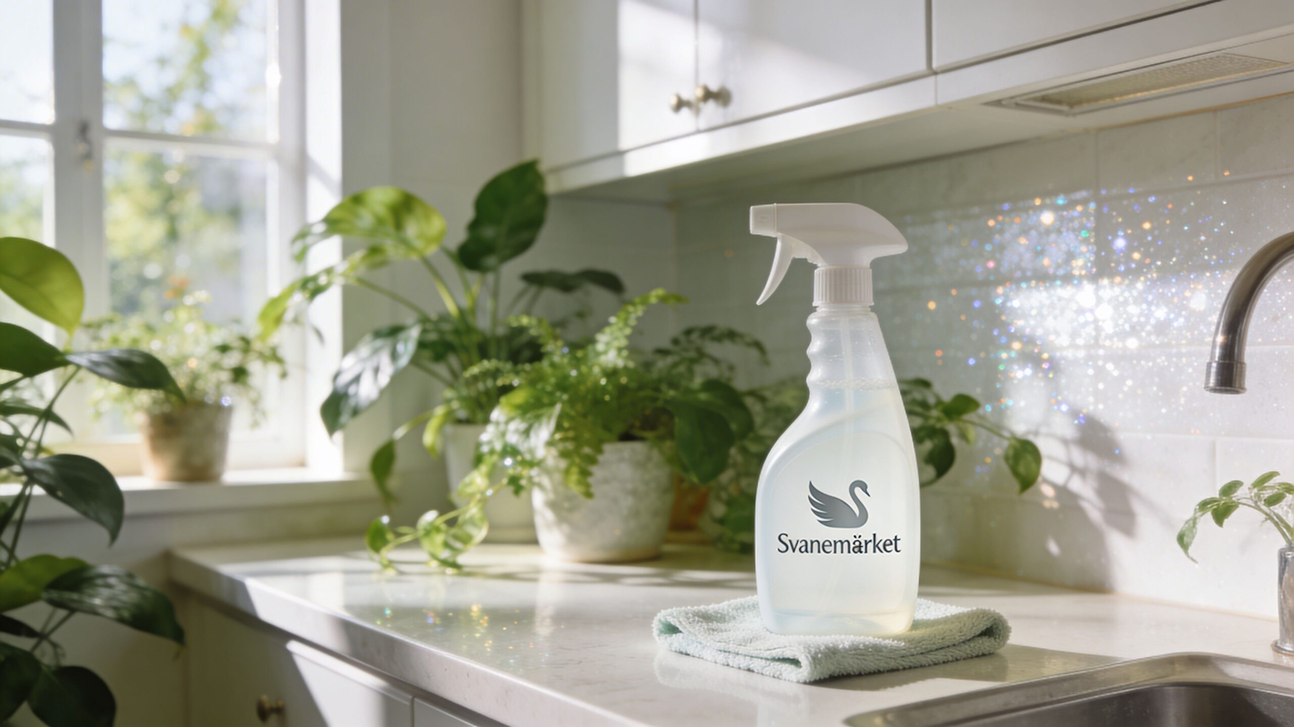 En miljøvenlig rengøringsspray med Svanemærket placeret på en klud ved siden af grønne planter i køkkenet.
