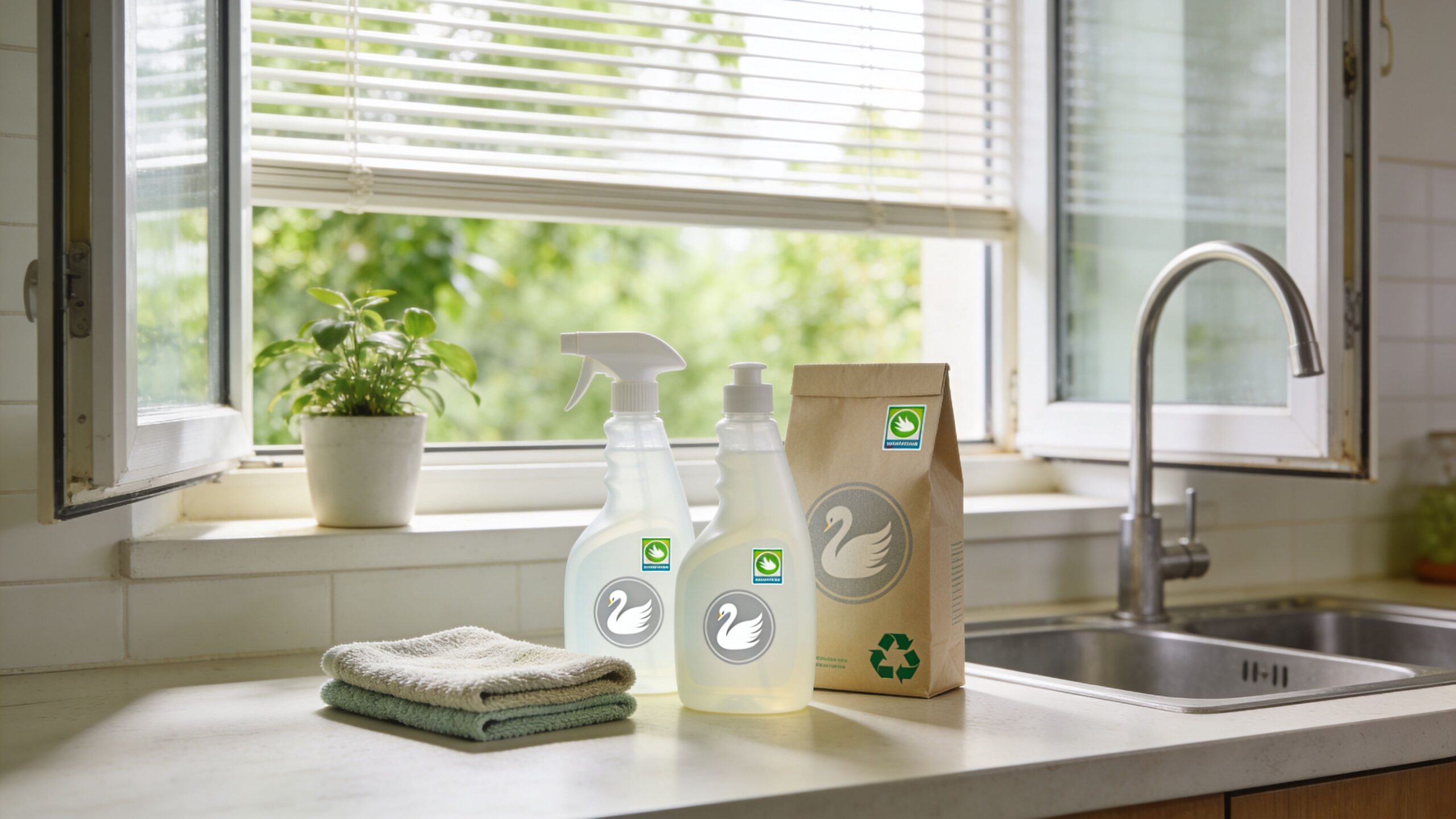 Miljøvenlige rengøringsmidler med svane-logo opstillet på en køkkenbordplade ved siden af en plante og en vask.