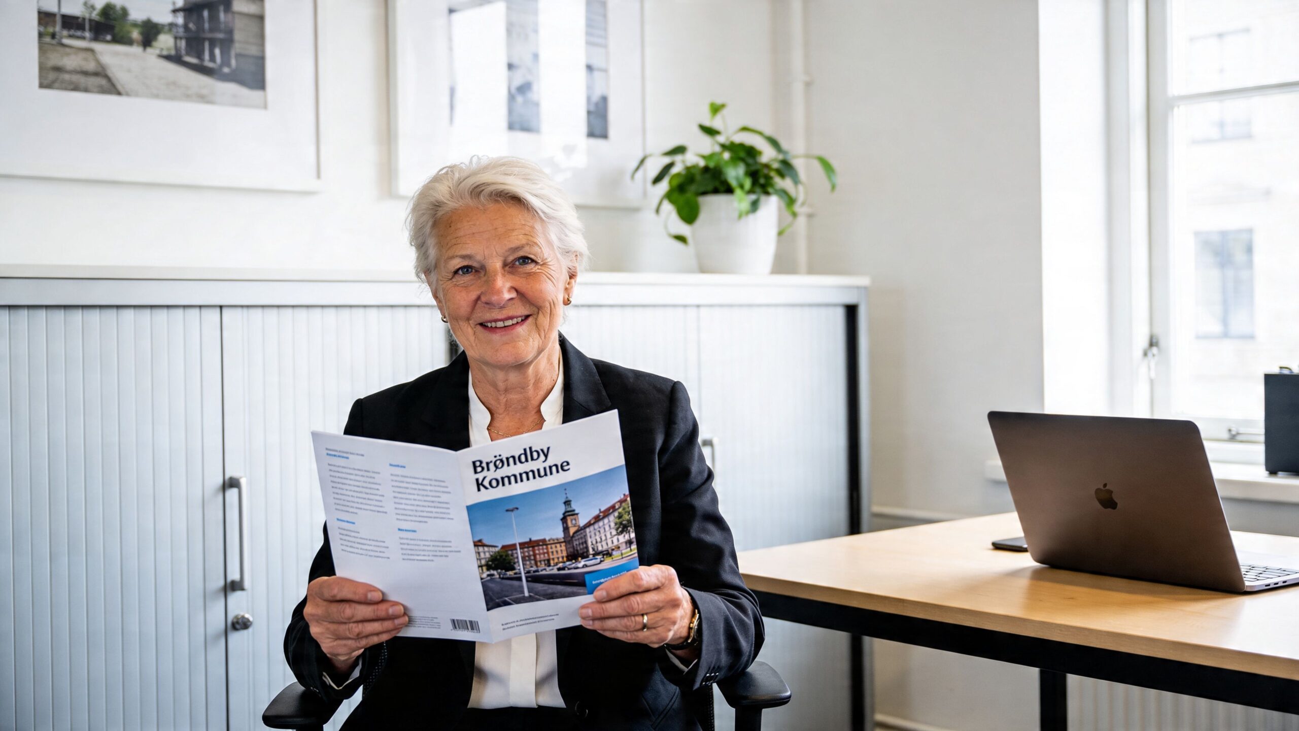 En ældre kvinde sidder ved et skrivebord med en brochure om Brøndby Kommune i hænderne.
