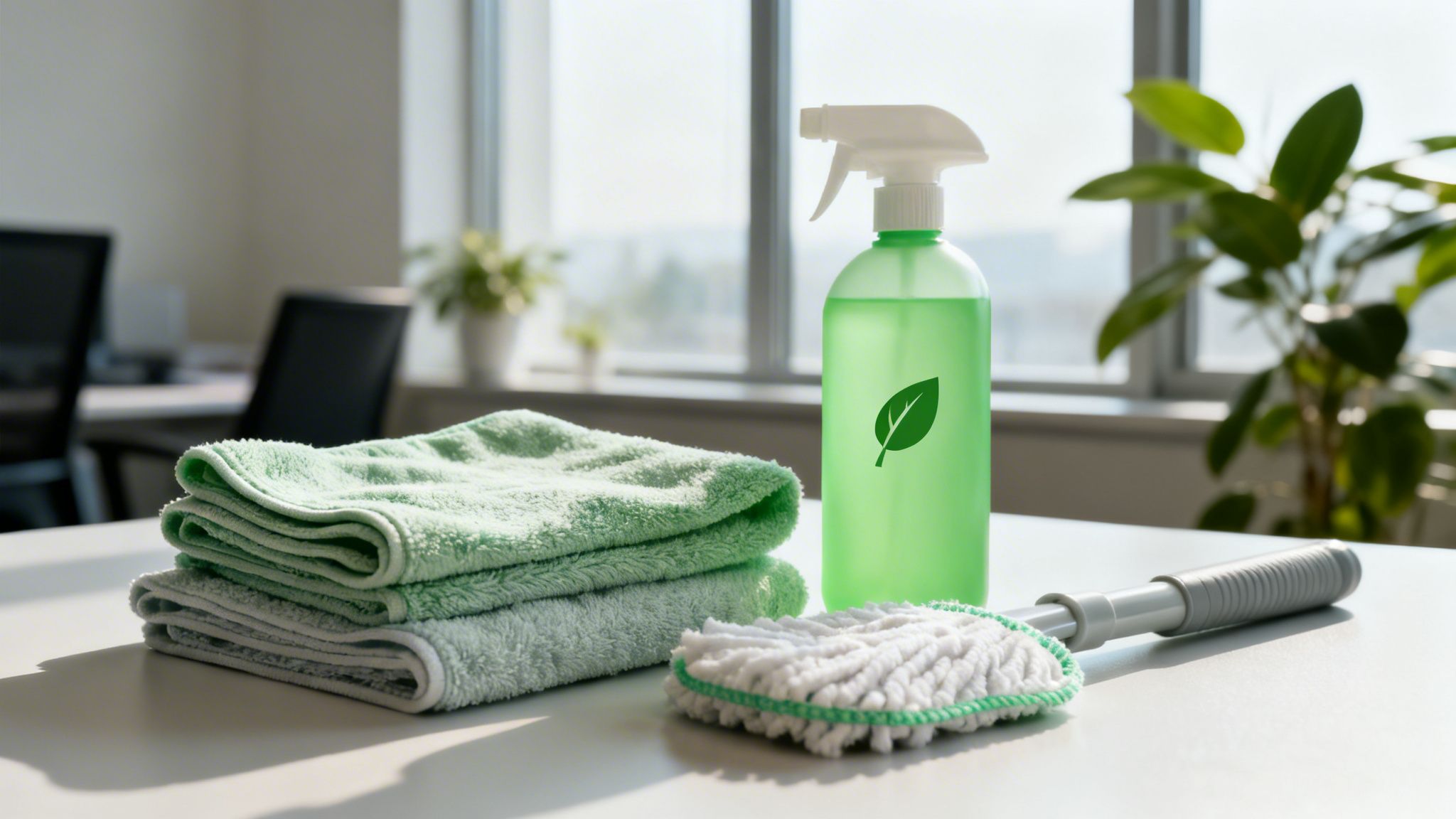Grøn sprayflaske med blad-symbol, rene klude og en moppe klar til miljøvenlig rengøring af kontoret.