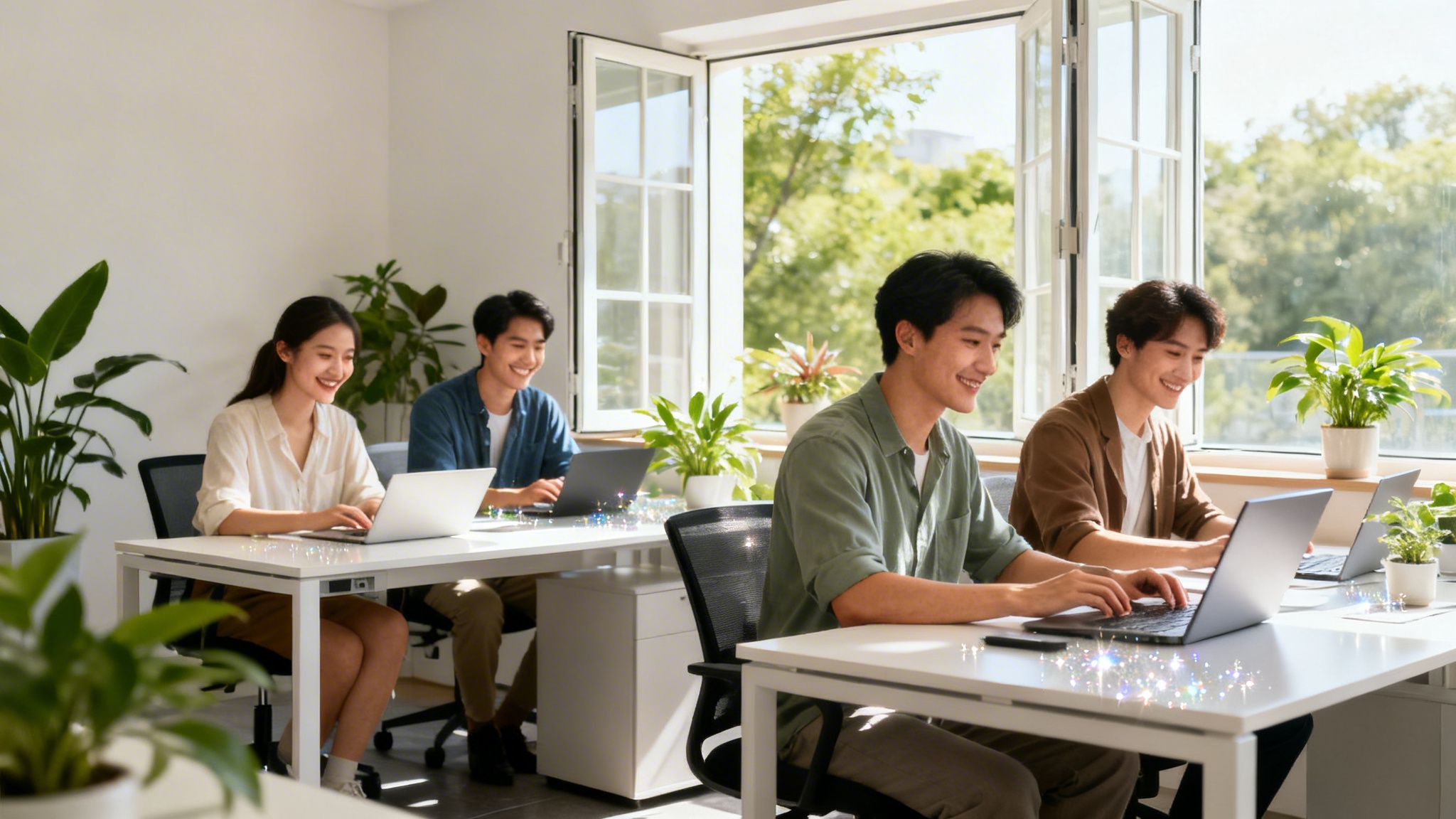 Fire unge asiatere smiler og arbejder på bærbare computere i et lyst, moderne kontor med planter.