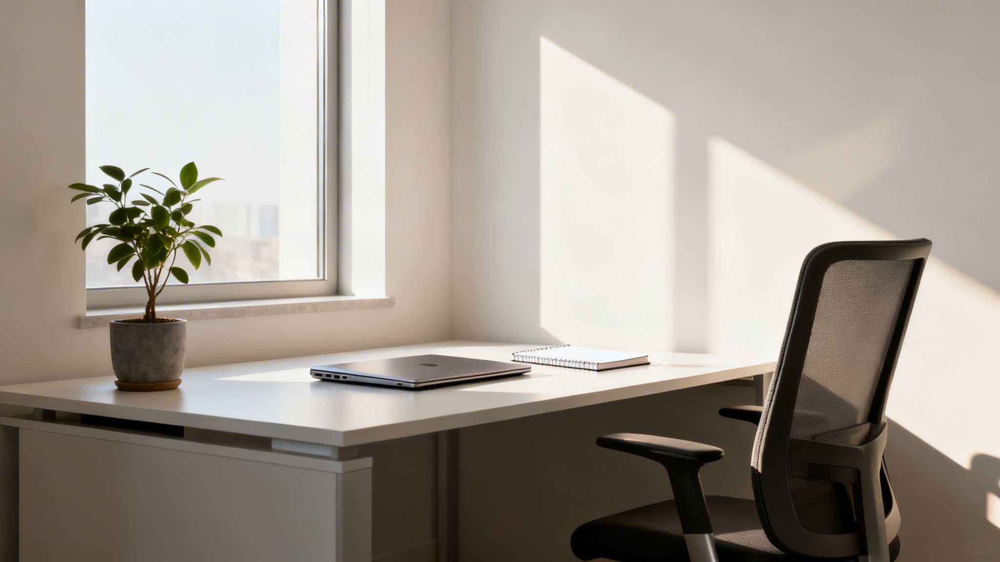 Et rent og moderne kontorbord med bærbar computer, notesbog og plante ved et vindue, oplyst af sollys.