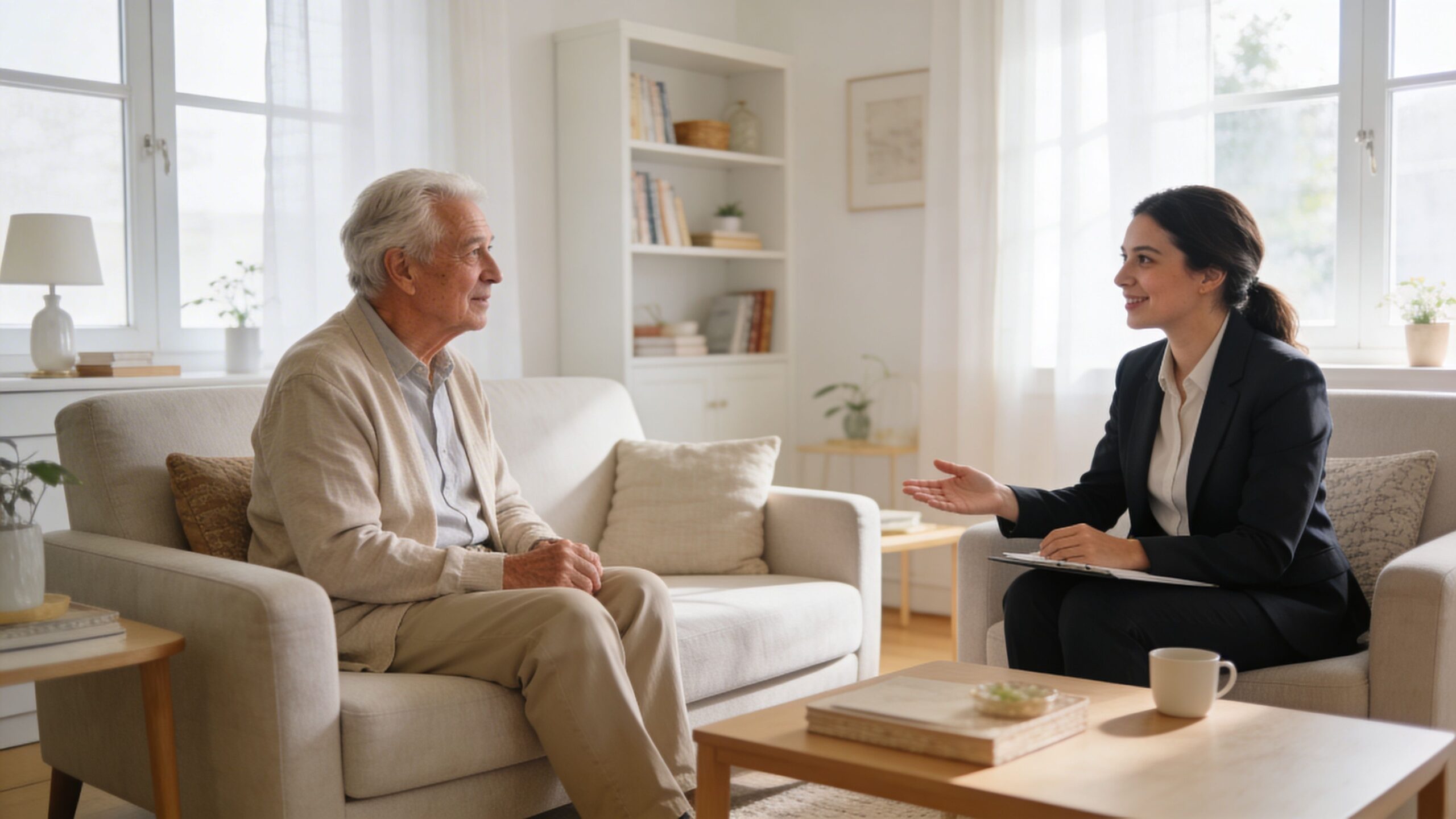 En ældre mand sidder i en sofa og taler med en professionel rådgiver i et lyst stuerum.