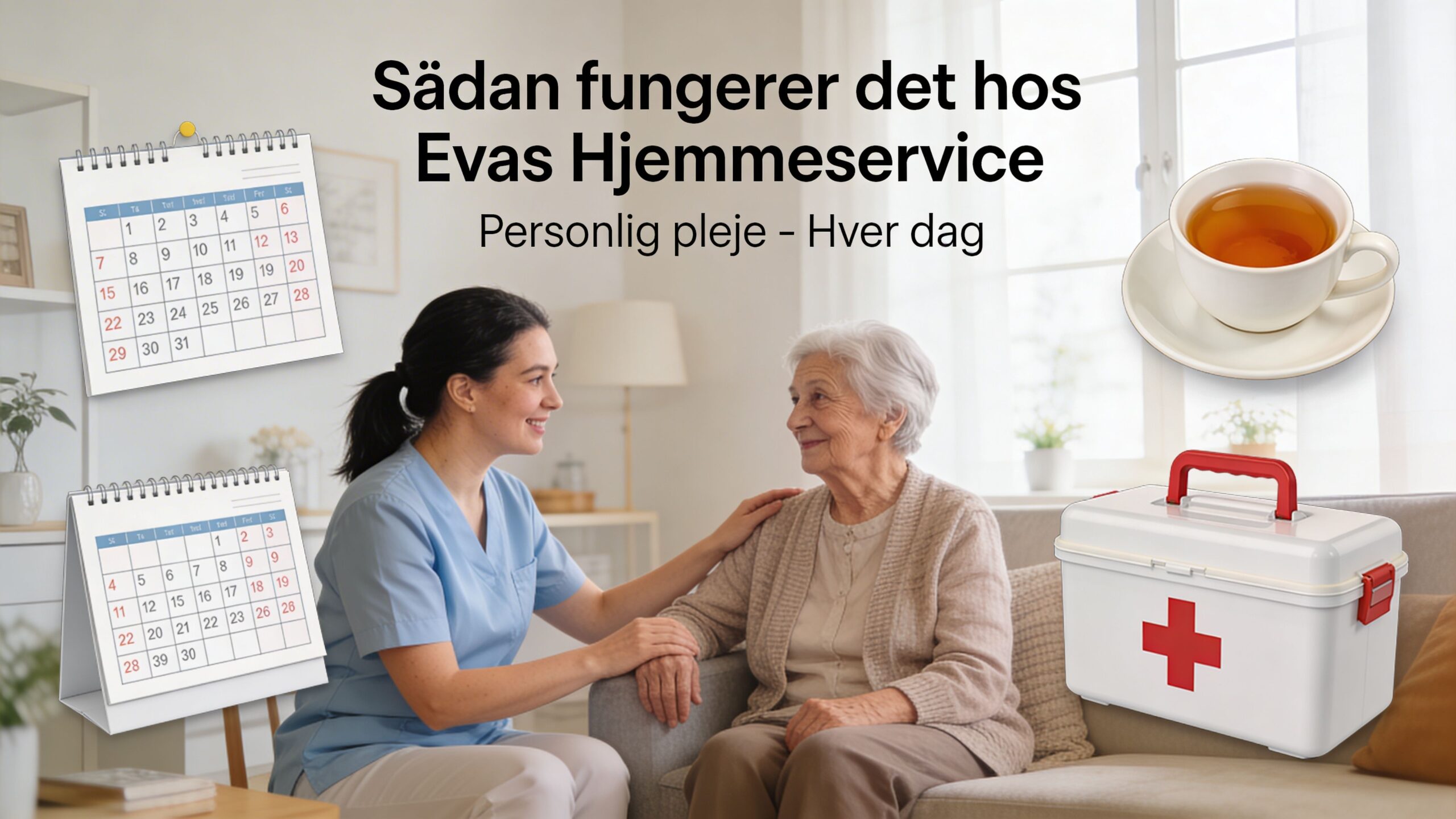 En omsorgsfuld hjemmehjælper sidder og holder en ældre kvinde i hånden under et hyggeligt besøg i hjemmet.