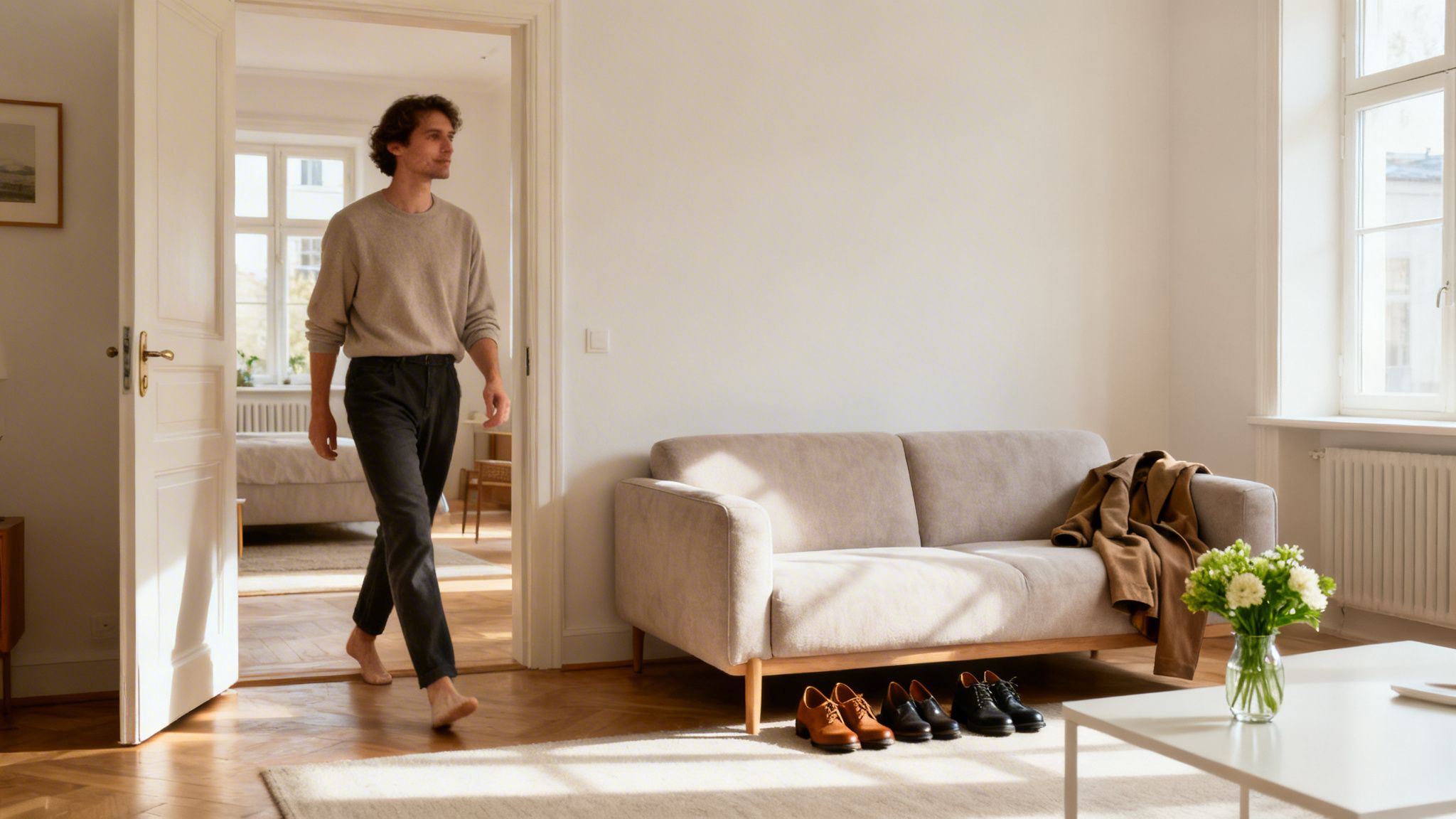En mand går barfodet gennem en lys og moderne stue med sofa, sko og blomster.