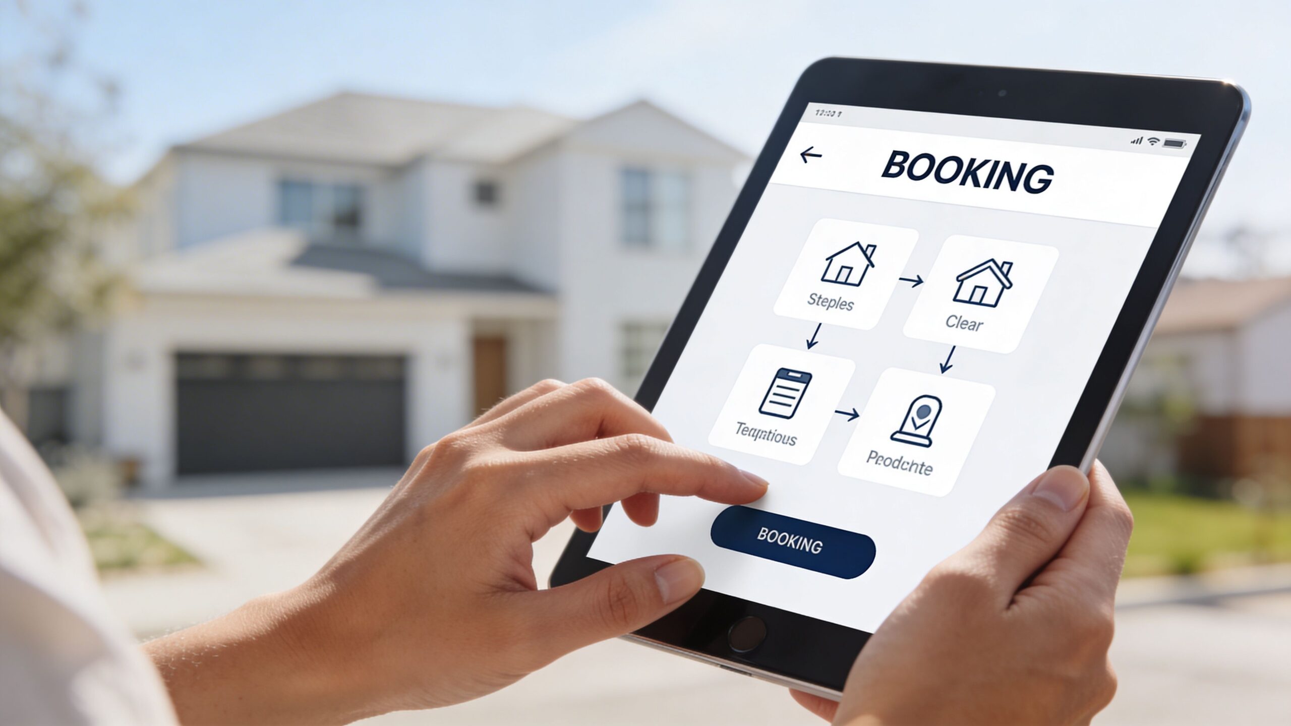 En person holder en tablet med en booking-app foran et moderne hvidt hus på en solskinsdag.