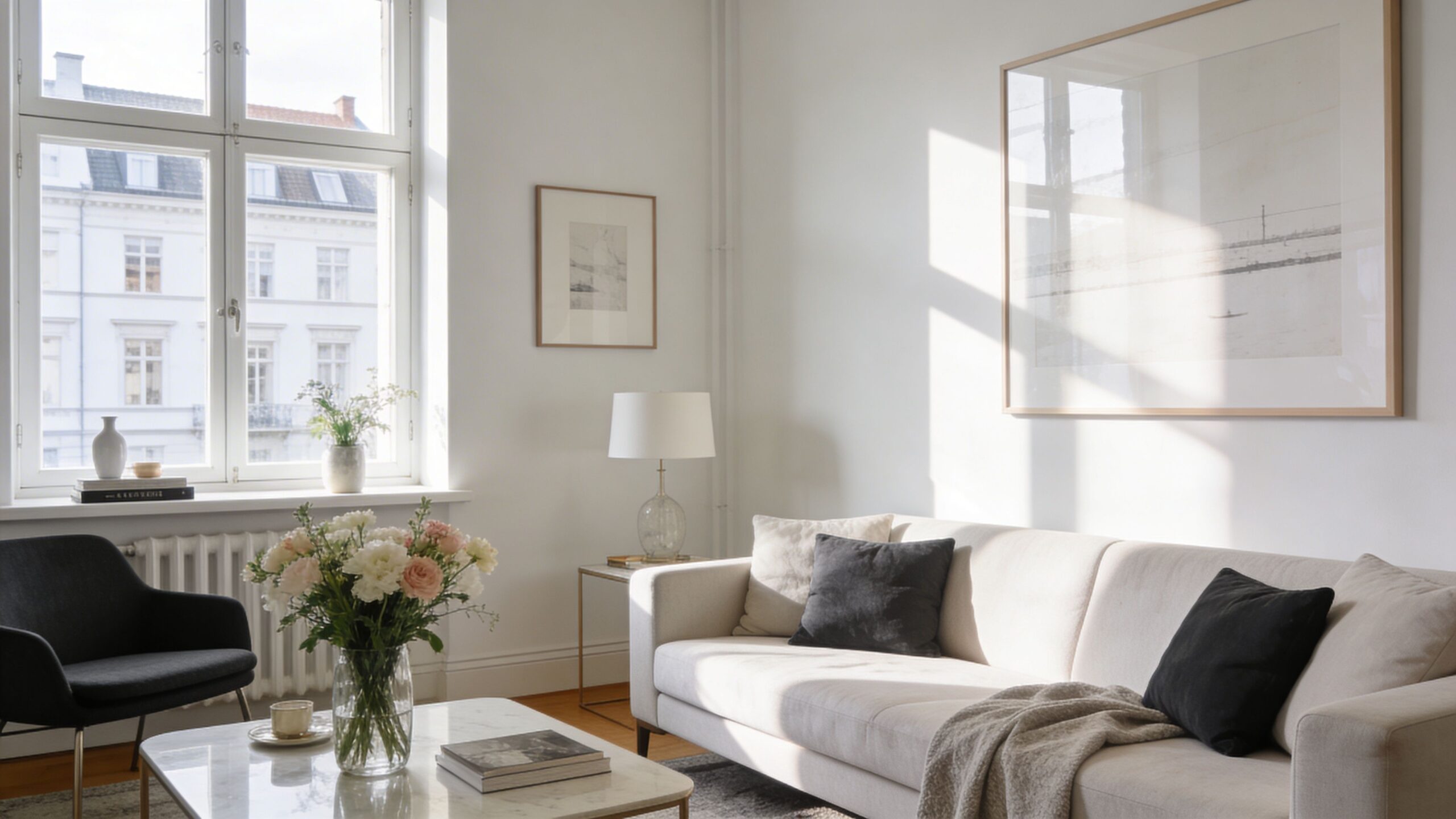 Lys og moderne stue med hvid sofa, mørk lænestol, friske blomster og store vinduer mod Frederiksberg.