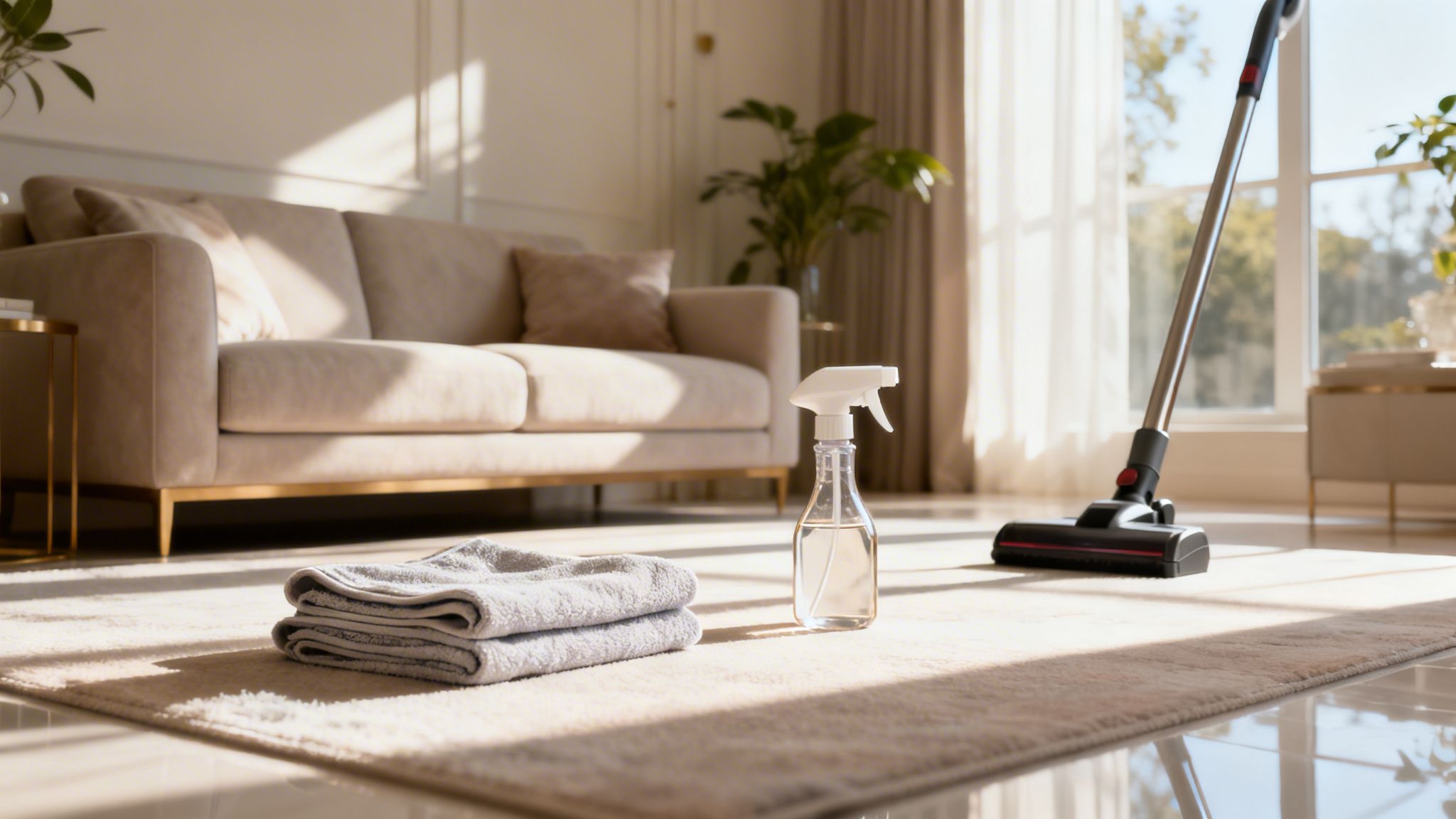 Rengøringsudstyr som støvsuger, sprayflaske og klud placeret på et tæppe i en lys og moderne stue.
