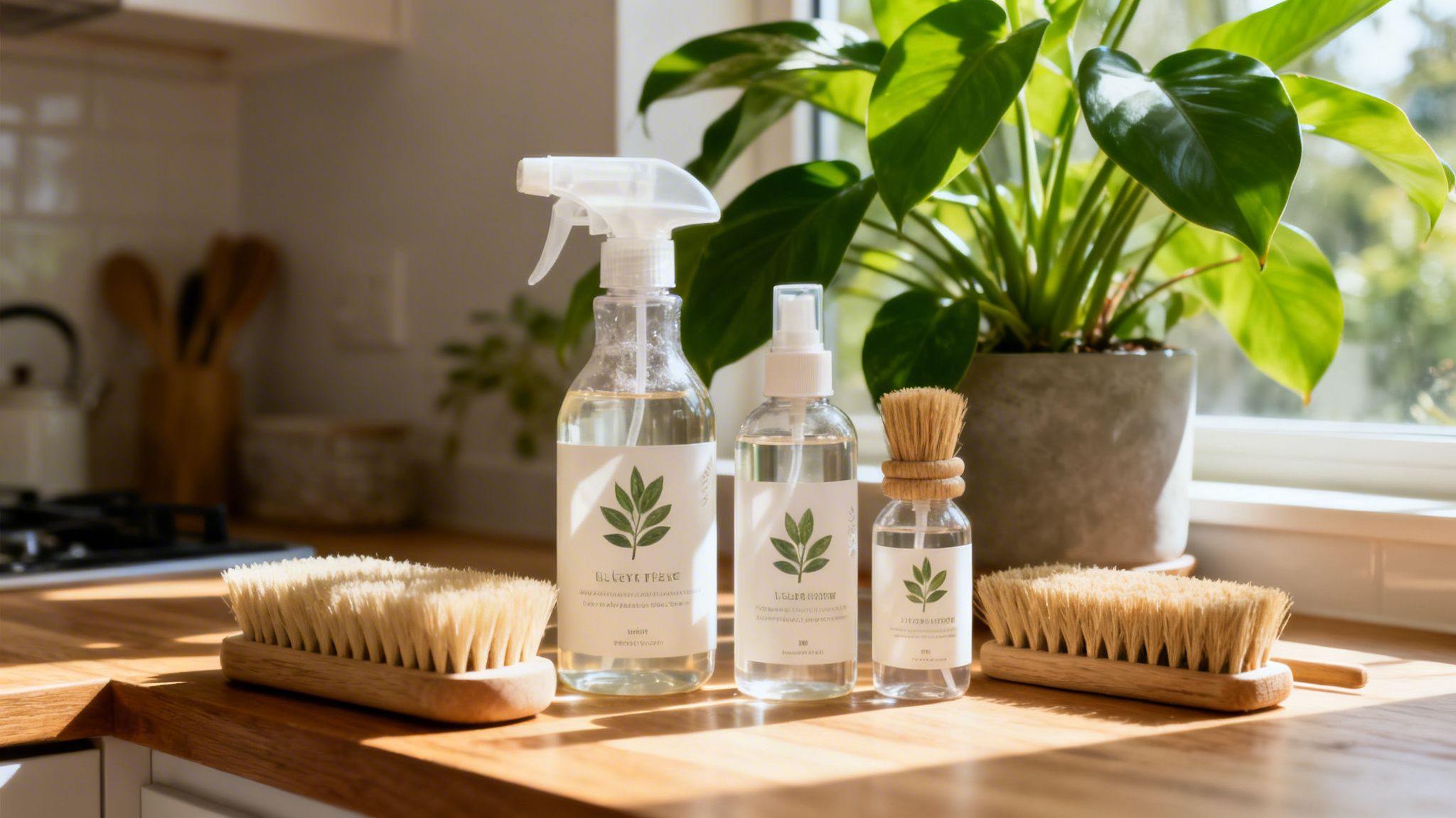 Miljøvenlige rengøringsprodukter i genanvendelige flasker med naturlige børster opstillet på en solrig køkkenbordplade i træ.