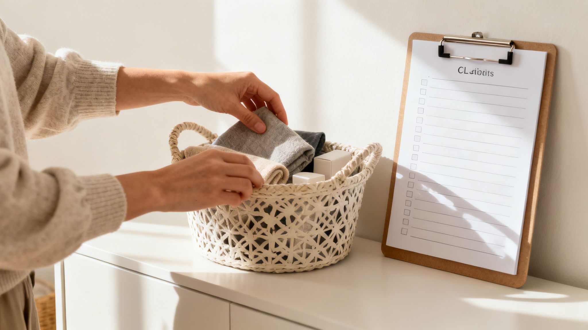 En person organiserer pæne tekstiler og små kasser i en hvid kurv ved siden af en tjekliste.