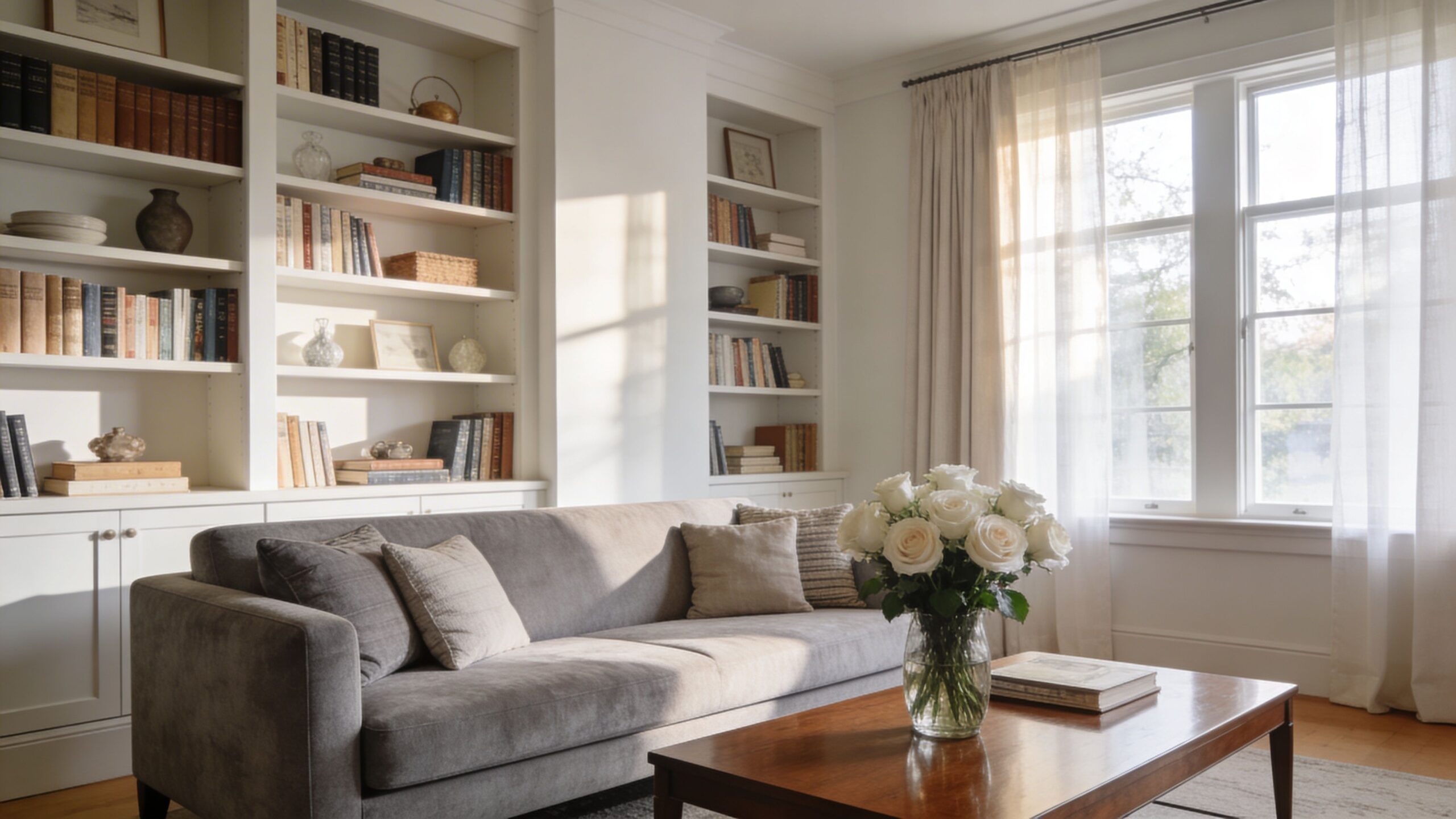 En elegant stue med grå sofa, bogreoler og en buket hvide roser ved et lyst vindue.