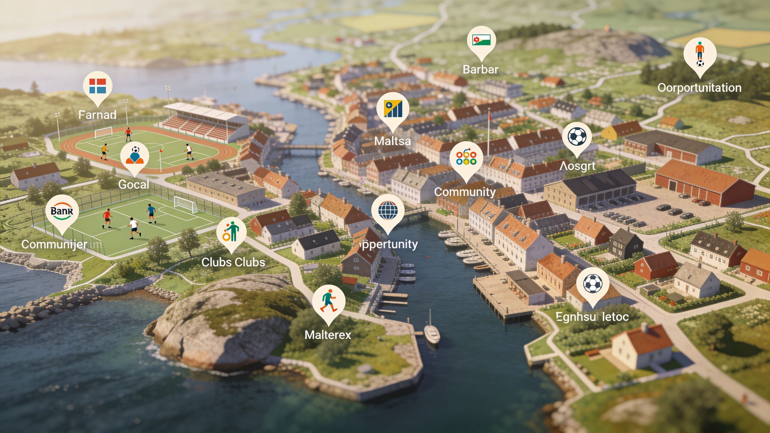 En oversigt over en kystby med sportslokationer og kortnåle, der markerer forskellige sponsorerede faciliteter i lokalsamfundet.